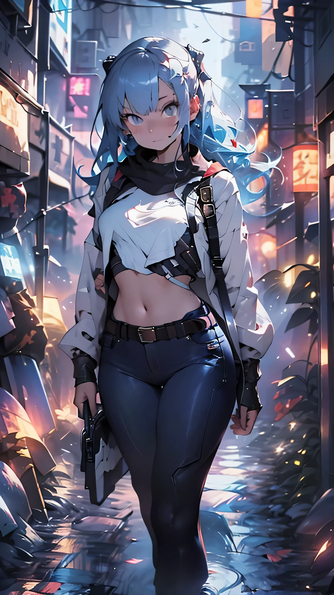 (masterpiece, highest quality, ultra high res, ultra detailed:1.3), 1 girl, ideal ratio body proportions, red eyes, (blue hair:1.2), high ponytail, unruly hair, brown tank top, military pants, military boots, bare shoulders, bare arms, open finger gloves, dog tag, full moon_landscape, night time, tank top covered nipples,