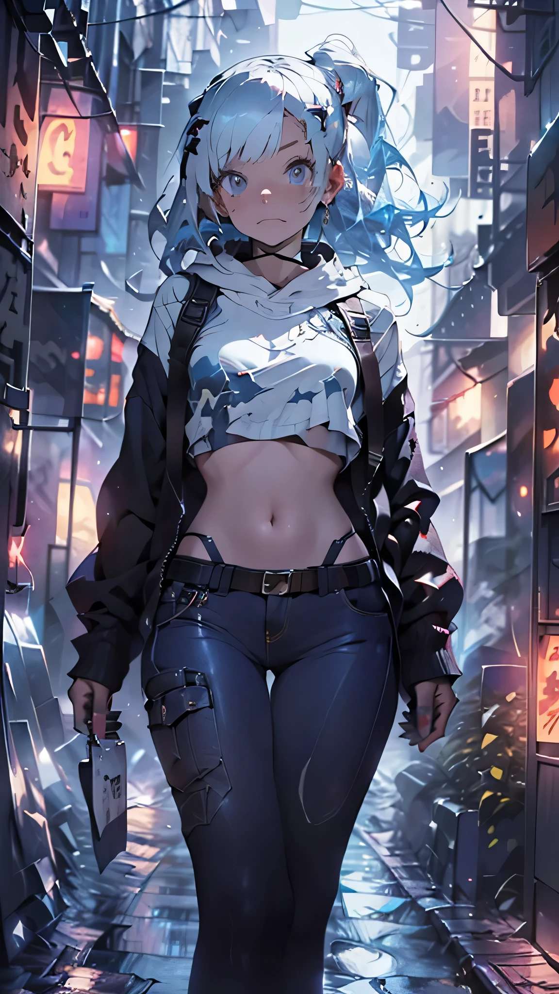 1female, adult, multicolored hair, black hair, white hair, mixed hair, long hair, side braided hair, crop top sweater, black tank top, thigh high boots, baggy pants, standing on path, Chinese village, (masterpiece: 1.4) Dynamic Lighting, serious expression, thick, oversized coat