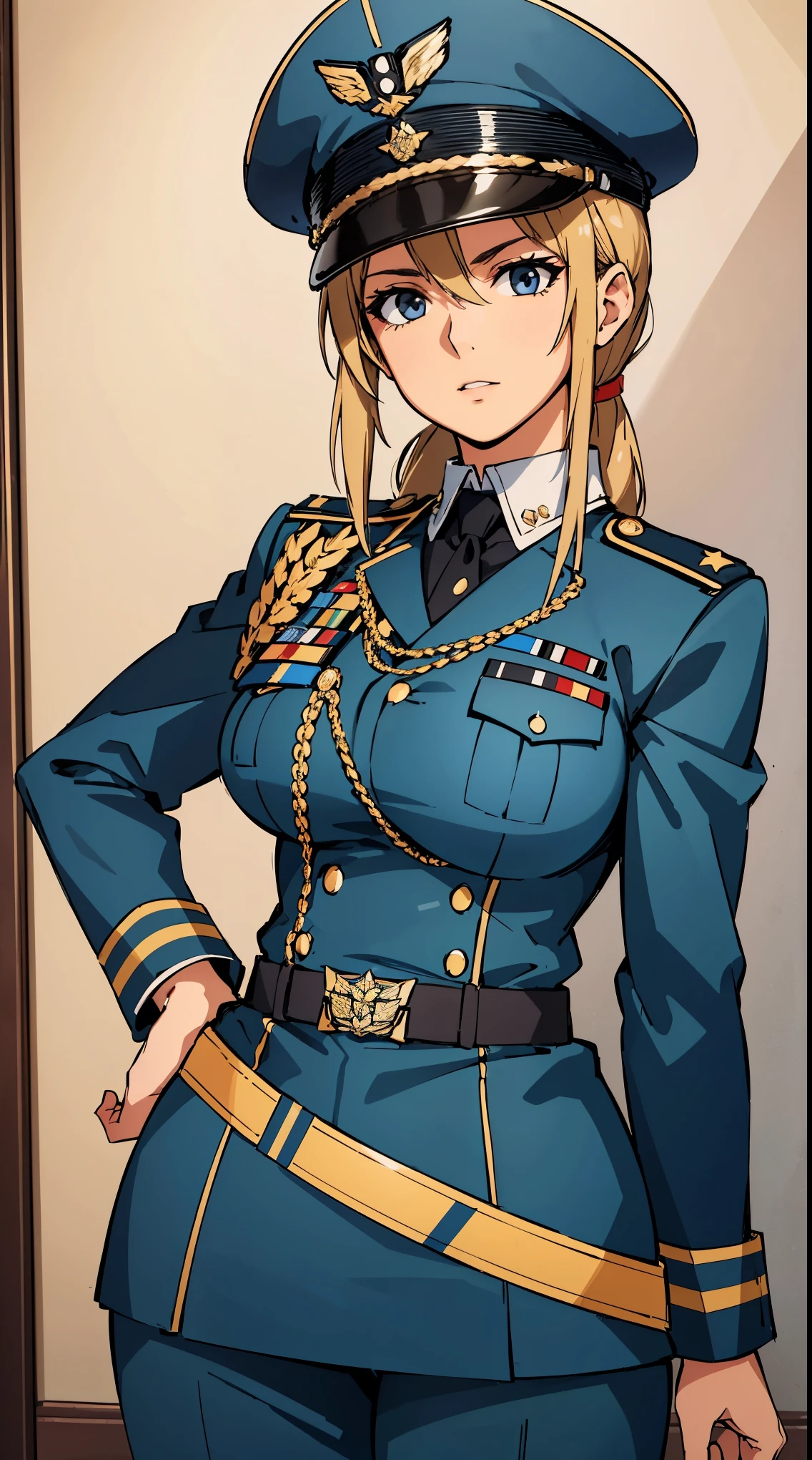 (best quality,4k,8k,highres,masterpiece:1.2),ultra-detailed,(realistic,photorealistic,photo-realistic:1.37),portrait,German military officer standing in a dignified pose. She has beautiful detailed eyes and lips, and long eyelashes. Her facial expression is confident and serious. The officer is wearing a dark grey military uniform, perfectly fitted to her body. The uniform includes a swastika armband, which symbolizes her affiliation with the German Luftwaffe. The uniform is made of a high-quality and durable fabric, with intricate stitching and precise details. The officer's shoulder boards indicate her rank and authority. The background is a military base, with airplanes and hangars in the distance. The colors are vibrant and vivid, with a warm and atmospheric lighting that highlights the officer's features and creates a dramatic effect. This artwork is a masterpiece of portraiture, capturing the essence of strength and determination.