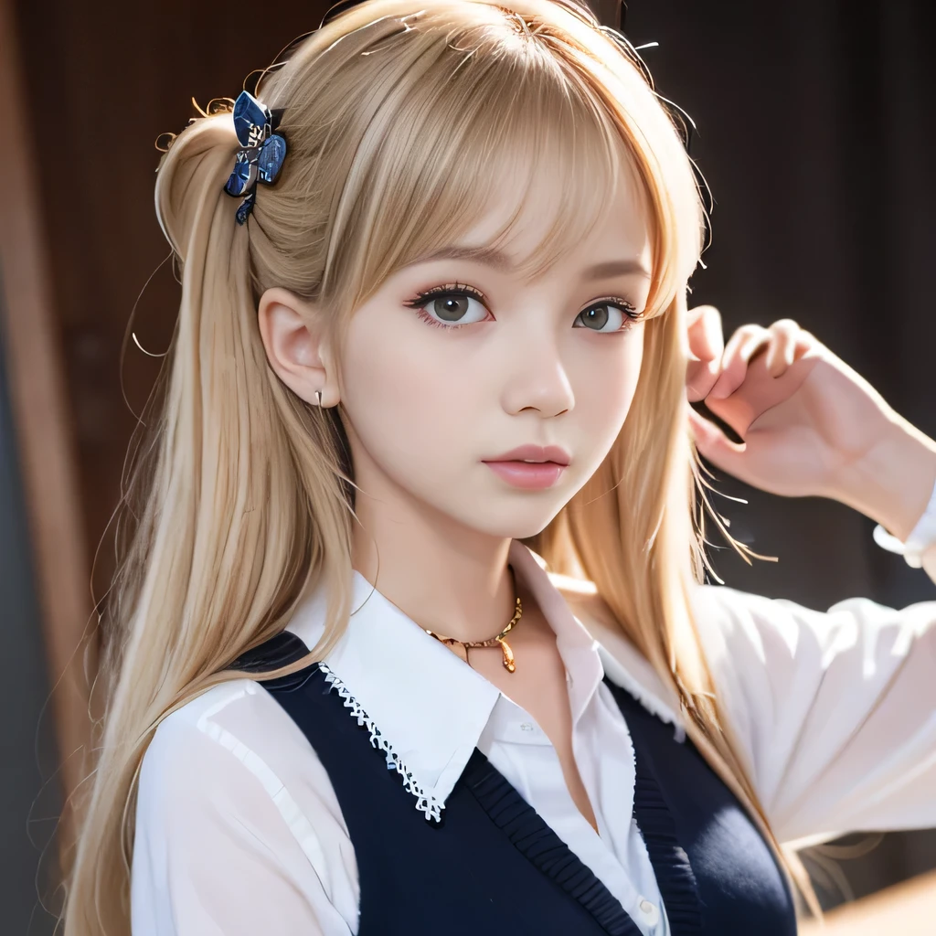 portrait、school uniform、bright look、twin tails、young shiny glossy white shiny skin、best looks、blonde reflection、Platinum blonde hair with dazzling highlights、shiny bright hair,、super long straight hair、Shining beautiful bangs、Sparkling crystal clear charming big blue eyes、A very beautiful and adorable 9 year old girl、rich bust、White and beautiful blouse、I can see the collarbone、((I could see the whole body))、beautiful face、The chest area of the clothes looks tight、Loosening perm、No bra、