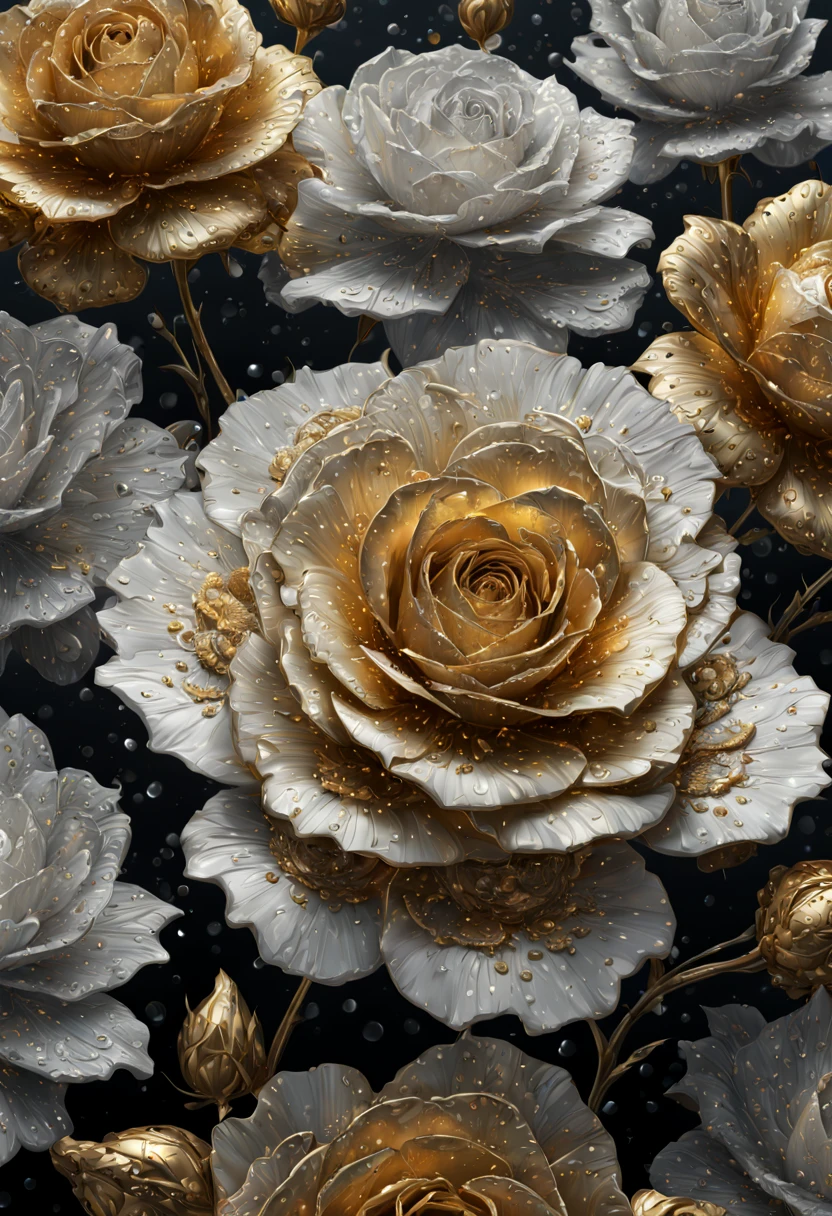 sea of flowers, aesthetic, gold and silver rose flowers with dew drops, hyperdetailed intricate delicate Victorian gold lace eldritch bejeweled carnation covered in, intricate mech details, ground level shot, 8K resolution, Cinema 4D, Behance HD, polished metal, Unreal Engine 5, rendered in Blender, sci-fi, futuristic, trending on Artstation, epic, cinematic background, dramatic, atmospheric