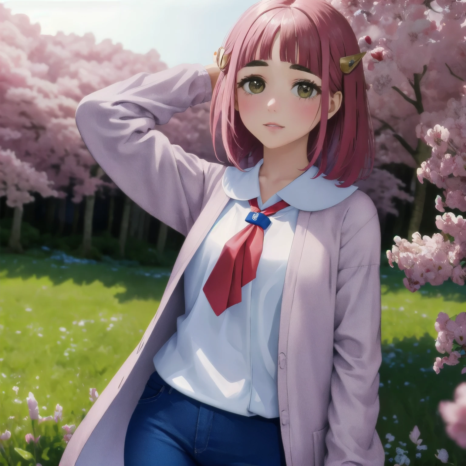 A girl with pink hair is standing alone in a sunny, flower-filled field. She is wearing a coat over a white shirt and blue pants, with a necktie. Her skin is highly detailed, with a blush on her cheeks. The scene is  with vibrant colors and dreamy lighting. The overall quality of the image is the highest possible, with high resolution and sharp focus.