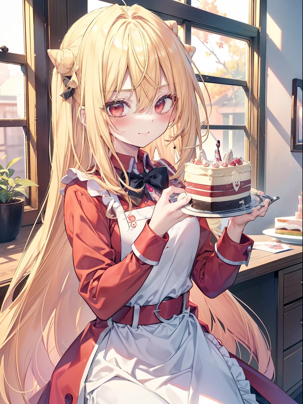 Terakomari Gandesblood、 Good looking girl (long blonde hair with square bangs, big red eyes, blush, perfect face), independent , looking at camera, masterpiece, anime art style, cute characters, most detailed, high quality、Nico Nico Smile、birthday cake、happy birthday、Wearing an apron at home