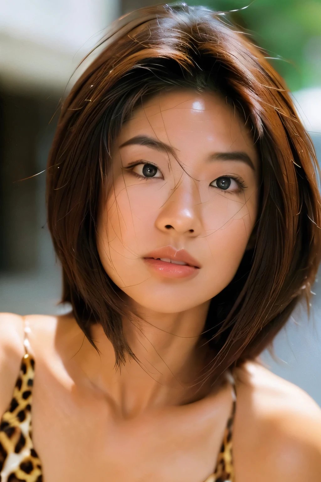 NSFW:1.5,((highest quality、8K resolution、master masterpiece、portrait:1.3)), Photoreal, 35mm film, 1 Japanese female, Upper body,Beautiful woman, on the street during the day, wrinkles around the eyes, plump body,,smile,((Leopard Micro Bikini:1.3)) , (outdoors:city street 1.3), jumbled background,look at the audience,Tokyo cityscape:1.3