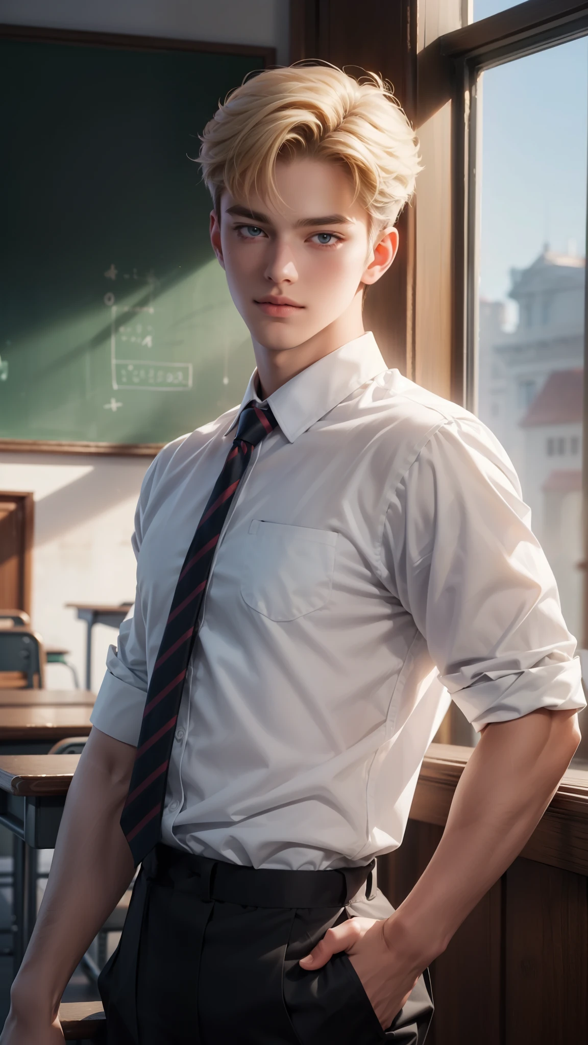 ((Best quality)), ((masterpiece)), (detailed), ((perfect face)), ((halfbody)) perfect proportions ,He is a handsome student, 18 years old, short hair, blonde, topless Student uniform, school uniform, there is a background of a detailed school room with colorful vibe ((perfect face)) detailed scenery 