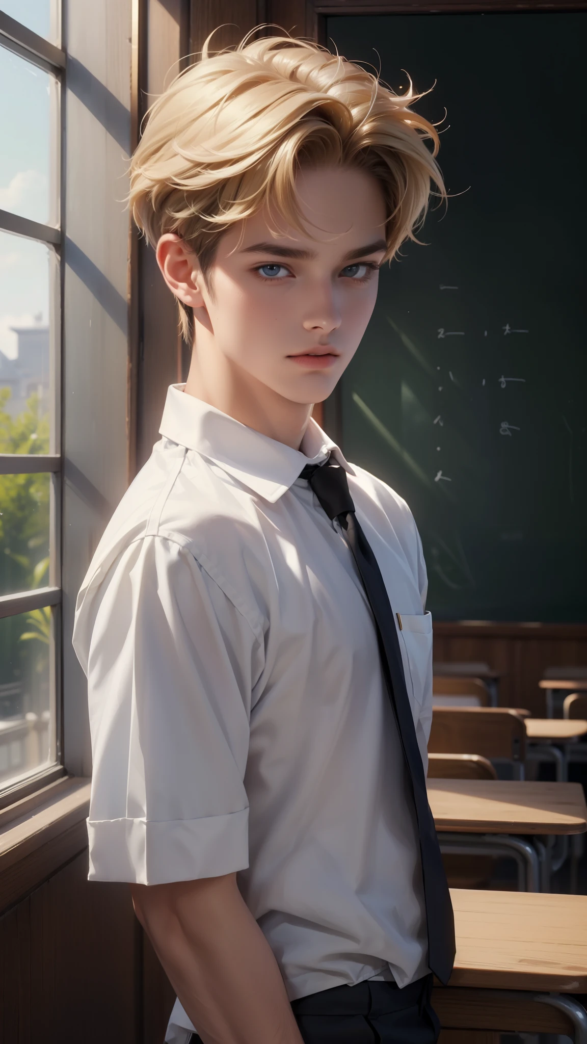 ((Best quality)), ((masterpiece)), (detailed), ((perfect face)), ((halfbody)) perfect proportions ,He is a handsome student, 18 years old, short hair, blonde, topless Student uniform, school uniform, there is a background of a detailed school room with colorful vibe ((perfect face)) detailed scenery 