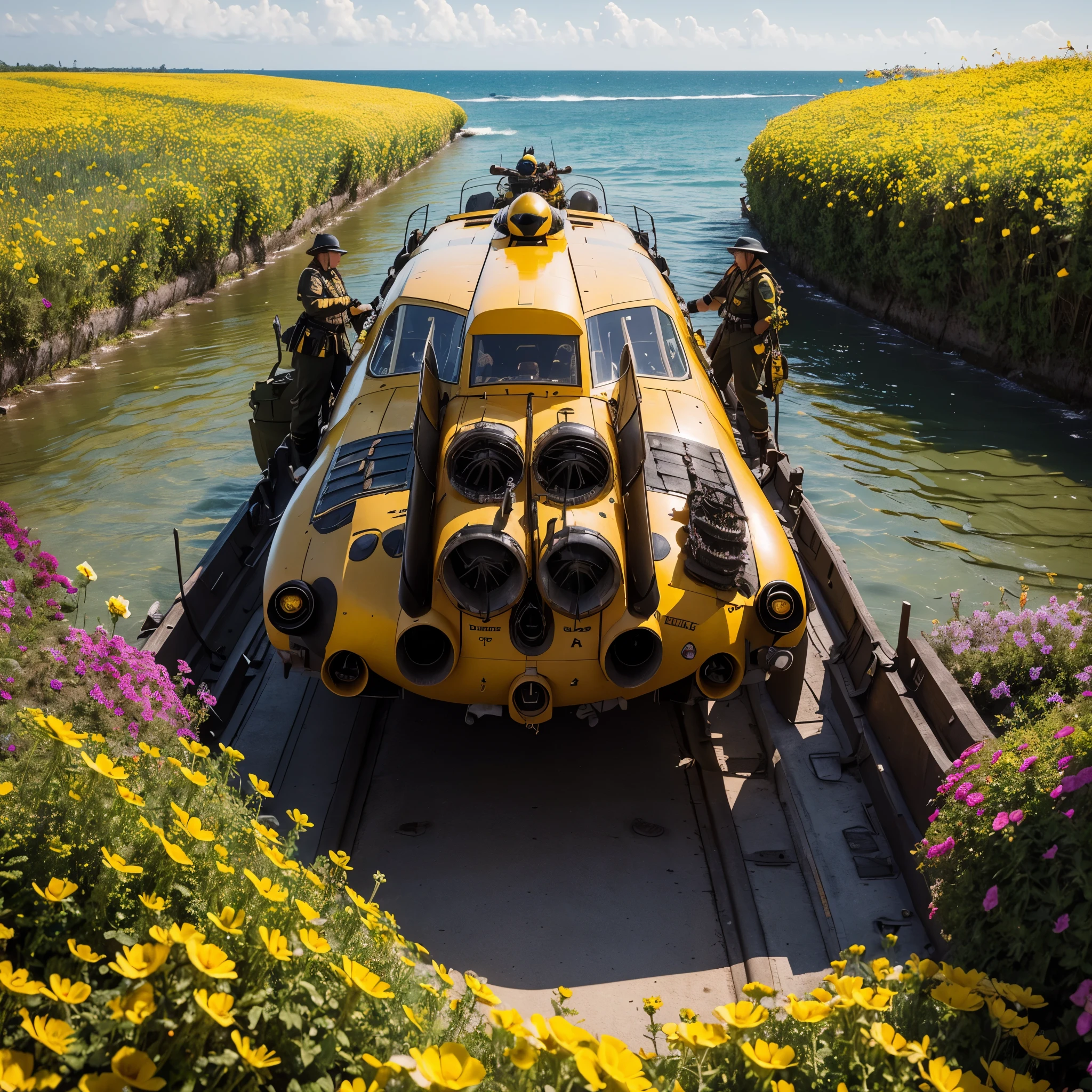 A (classic world war 2 dreadnought with a bumble bee color scheme and a sexy female crew) navigate a sea of flowers (brightly colored, many varieties