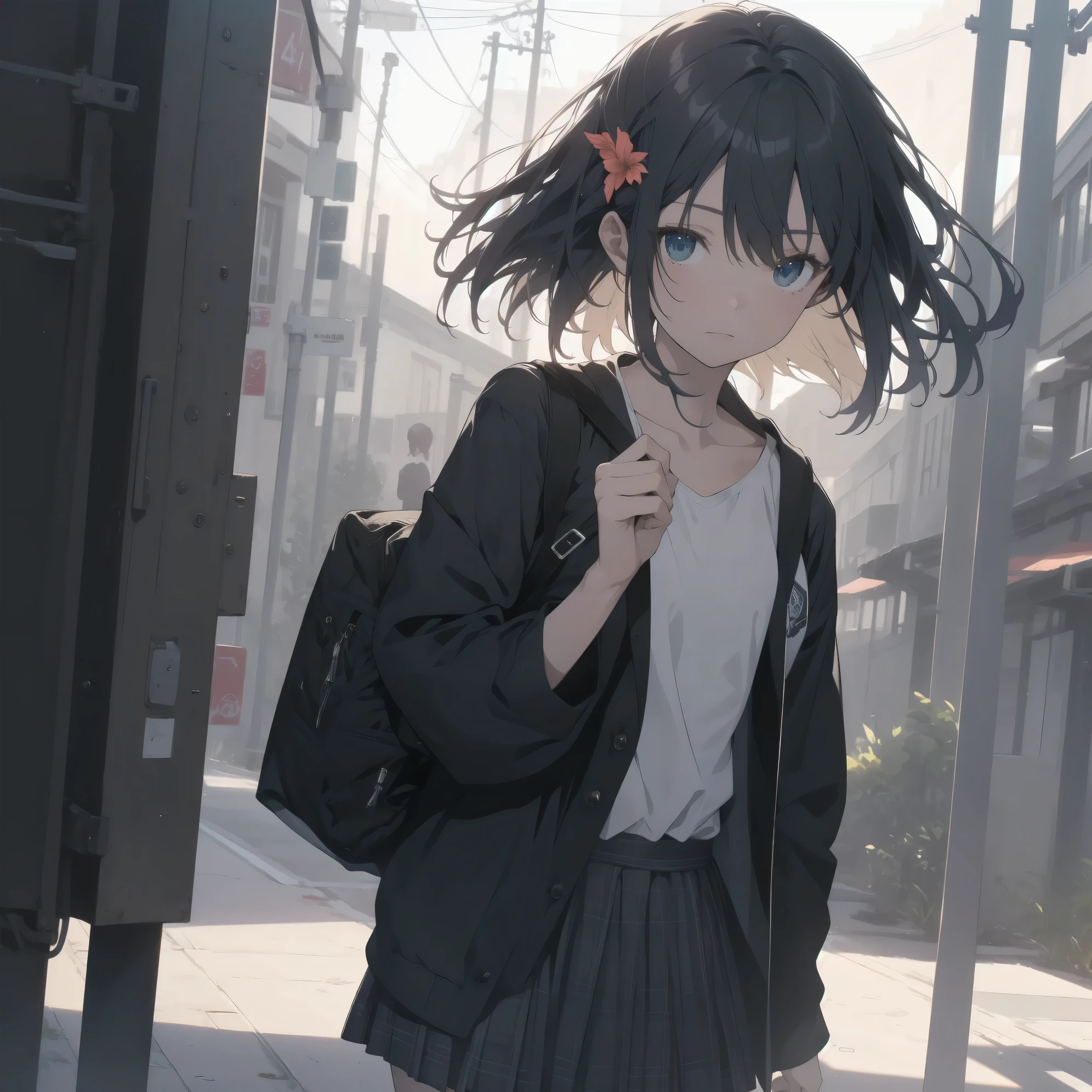 Super absurd quality by the god of art, super detailed, High resolution, anime moe art style, Best Anime 8K Kona-chan Wallpaper, pixiv contest winner, perfect anatomy, break,(眠そうにalone学校へ行く女の子を描いてください. )break,1 girl, (alone, woman, baby fears old:1., full finger,, The charm of an immature body, (very_short hair), bangs, flat chest, Small Bodysuits, small ass, between legs, small black eyes, detailed and beautiful eyes, Well-proportioned iris and pupils, expressive eyes, sleepy eyes, High resolutionの詳細な髪, hair ornaments, skirt, collared shirt, pleated skirt, school uniform, school bag,(detailed lighting), (detailed background), On the way to school. break,super dense skin, Best movie lighting by famous artists, 8k,cute illustration,photoshop_(Moderate),Absurd Hi-Res,Hmm,rough skin