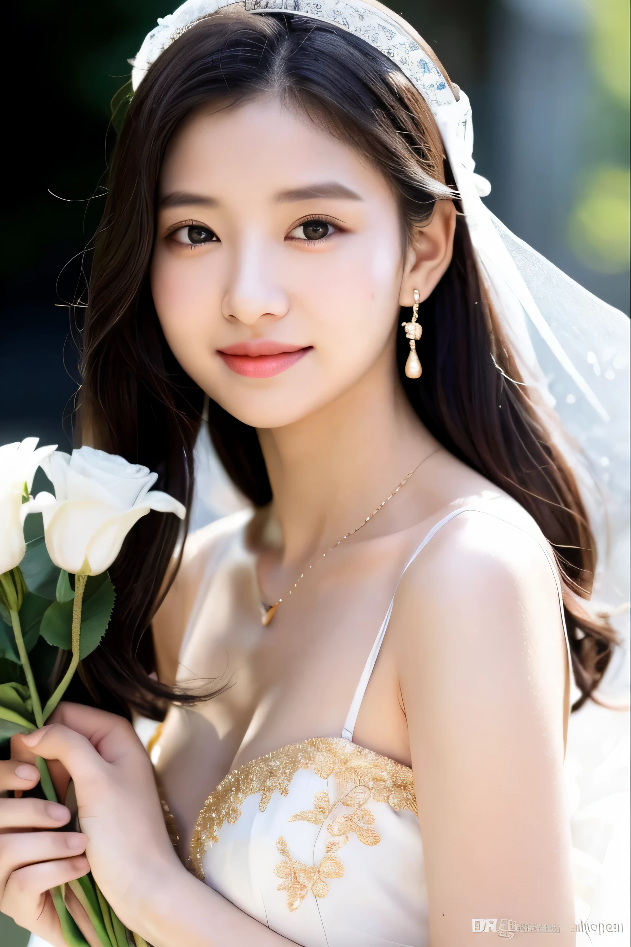 8k、real photos、ultra high resolution, master parts, highest quality, ticker , cinematic images,nice girl、Ann、16 years old、Annグロサクソン人、eyes are purple、double eyelid、very垂れ目、(very, very大きな瞳:1.9)、dark eyeshadow、very薄い唇、The tip of your nose grows beautifully..、Small tip of the nose,,,,, very detailed ,silver hair、straight hair、very smiling、 sweet expression 、very beautiful woman、long legs、big breasts、 very clear shadows , jewelry , fine eyes, shiny skin , パーフェクトブリリAnnト, very大きなおっぱい, dramatic shadow 、She wears a white see-through dress、Gold embroidery throughout the dress、white high heels、white tiara on head、gold necklace、angel wings on the back、holding a bouquet of flowers in both hands