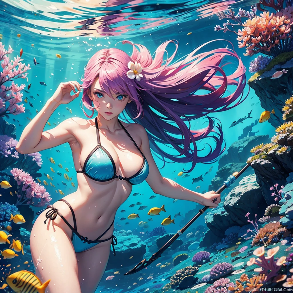 A sexy young woman is spear fishing in a magical sea, all of the fish are flowers (brightly colored, many varieties) swimming this way and that (flower|fish}