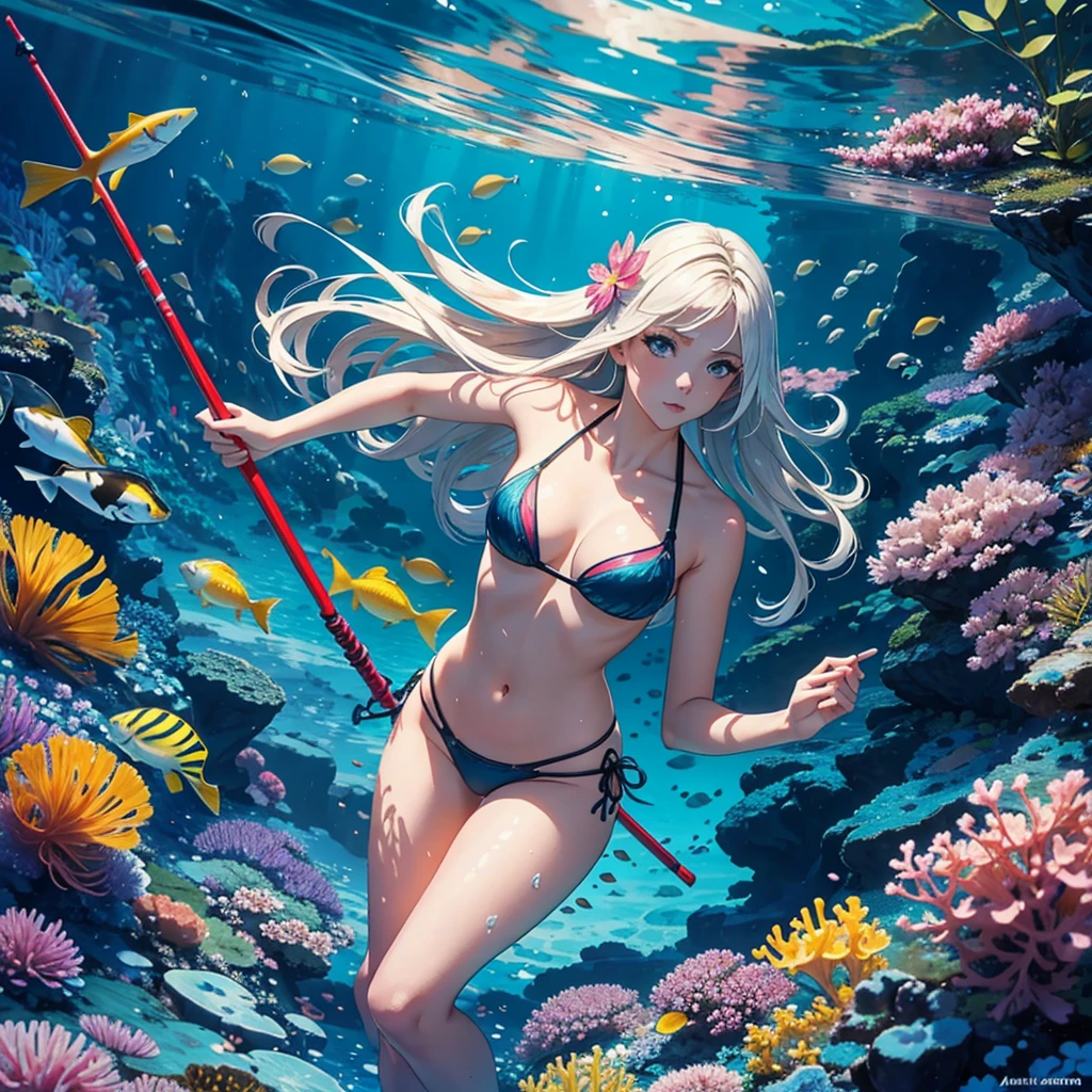 A sexy young woman is spear fishing in a magical sea, all of the fish are flowers (brightly colored, many varieties) swimming this way and that (flower|fish}