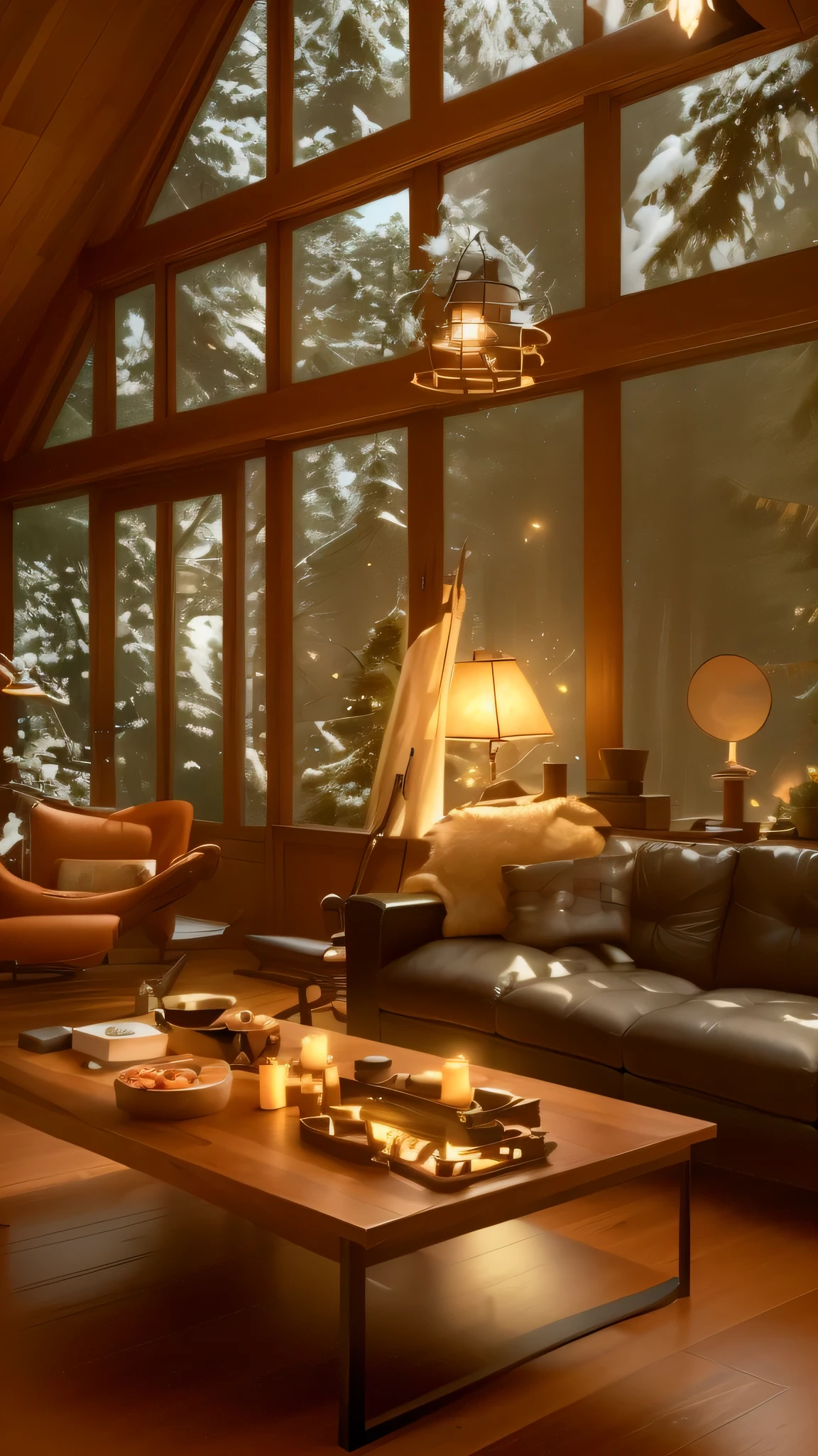 Arafed living room with fireplace and large windows, cozy environment, Warm interior, cozy place, cozy living room, warm living room, moody atmosphere, cozy environment, cozy living room interior, Cozy and peaceful atmosphere, house in the forest, cozy atmosphere, Warm interiors, A large window facing the forest at night, Villa in the forest, cozy atmosphere