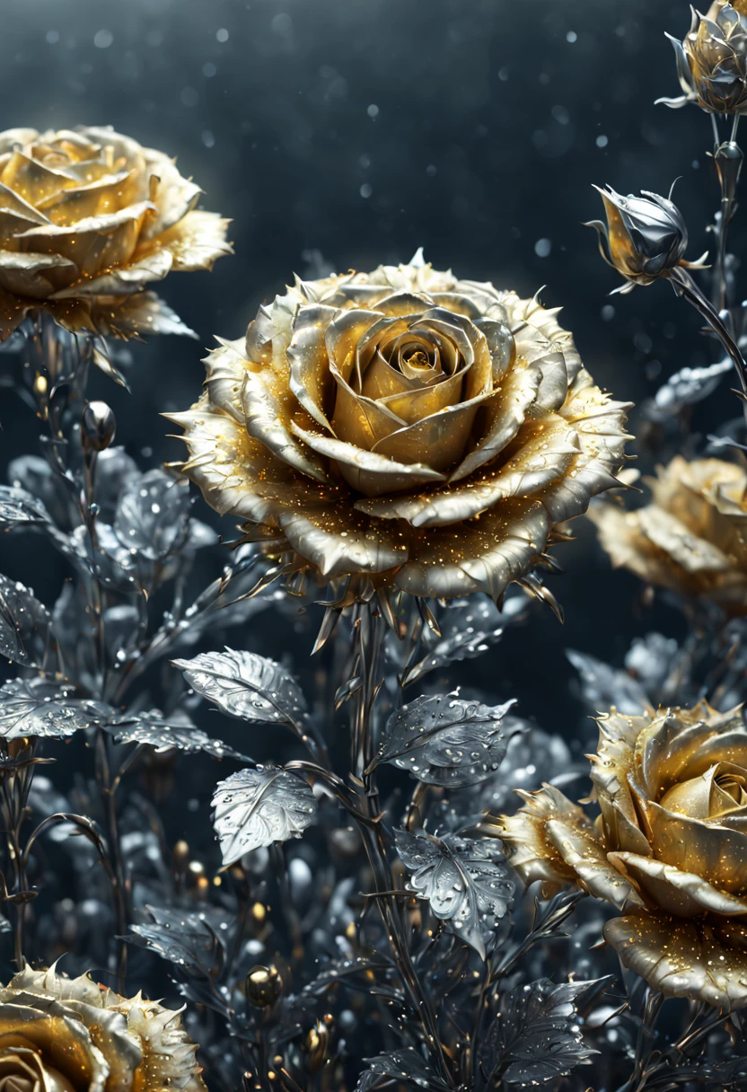 sea of flowers, aesthetic, gold and silver rose flowers with dew drops, hyperdetailed intricate delicate Victorian gold lace eldritch bejeweled carnation covered in, intricate mech details, ground level shot, 8K resolution, Cinema 4D, Behance HD, polished metal, Unreal Engine 5, rendered in Blender, sci-fi, futuristic, trending on Artstation, epic, cinematic background, dramatic, atmospheric