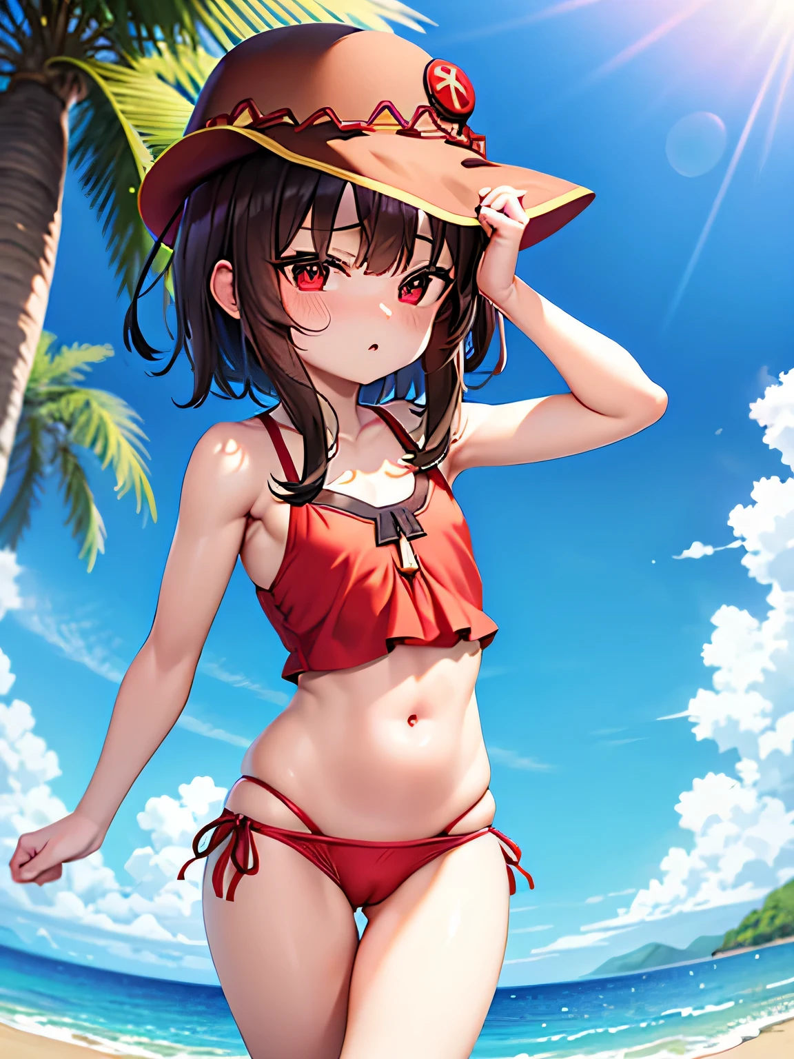(better quality), [masterpiece], ((beautiful:0.75)  beautiful:0.75), [transparent and clean] pixiv (shape), ((Megumin)), two, squat, midsummer sea, brown hair, red swimsuit、 short hair, red eyes、((sexy))、pointed nipples、belly button、emphasize the muscles of the pussy、slender body、thin body、swimsuit with a small area、masturbation、erect clitoris、put your hand inside your pants