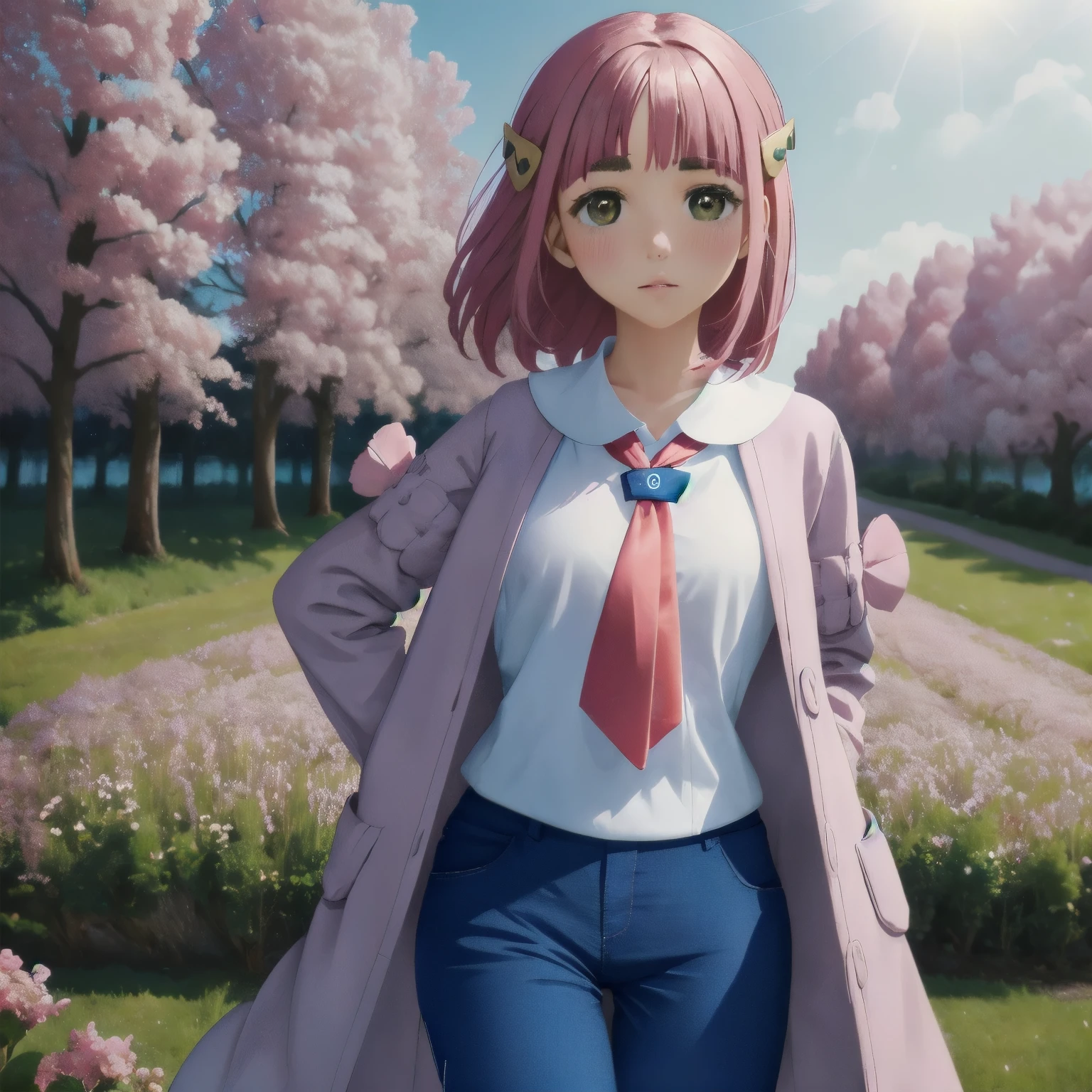 A girl with pink hair is standing alone in a sunny, flower-filled field. She is wearing a coat over a white shirt and blue pants, with a necktie. Her skin is highly detailed, with a blush on her cheeks. The scene is  with vibrant colors and dreamy lighting. The overall quality of the image is the highest possible, with high resolution and sharp focus.