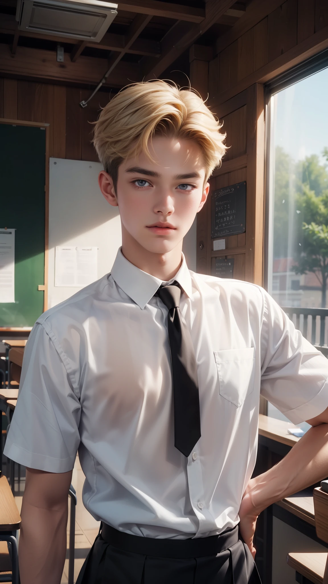 ((Best quality)), ((masterpiece)), (detailed), ((perfect face)), ((halfbody)) perfect proportions ,He is a handsome student, 18 years old, short hair, blonde, topless Student uniform, school uniform, there is a background of a detailed school room with colorful vibe ((perfect face)) detailed scenery 