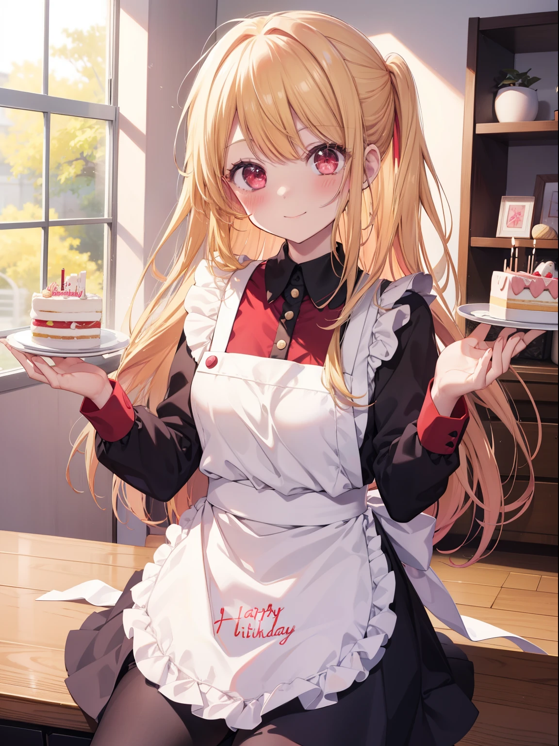 Ruby Hoshino、Good looking girl (long blonde hair with square bangs, big red eyes, blush, perfect face), independent , looking at camera, masterpiece, anime art style, cute characters, most detailed, high quality、Nico Nico Smile、birthday cake、happy birthday、Wearing an apron at home