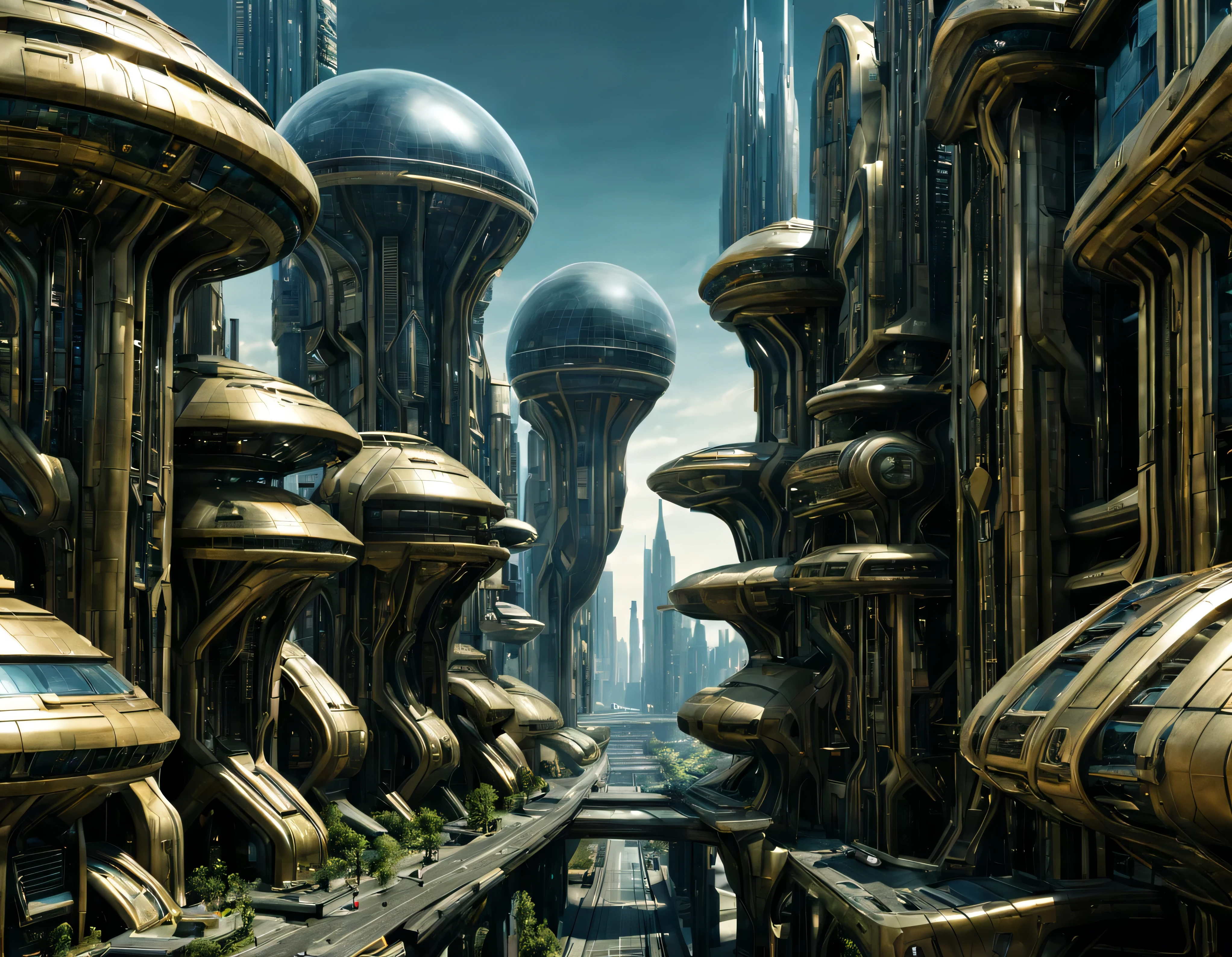 street of an extraterrestrial alien city with futuristic and technological architecture in its metal and glass conglomerado de buildings y rascacielos, donde predomina el oro, la plata y el bronce, some aliens walking around, ventanas iluminadas, all full of imagination, science fiction and (intrincados detalles de la maquina).imagen fotorrealista, Maximum sharpness, calidad 8k.(obra maestra de calidad superior). 3D.