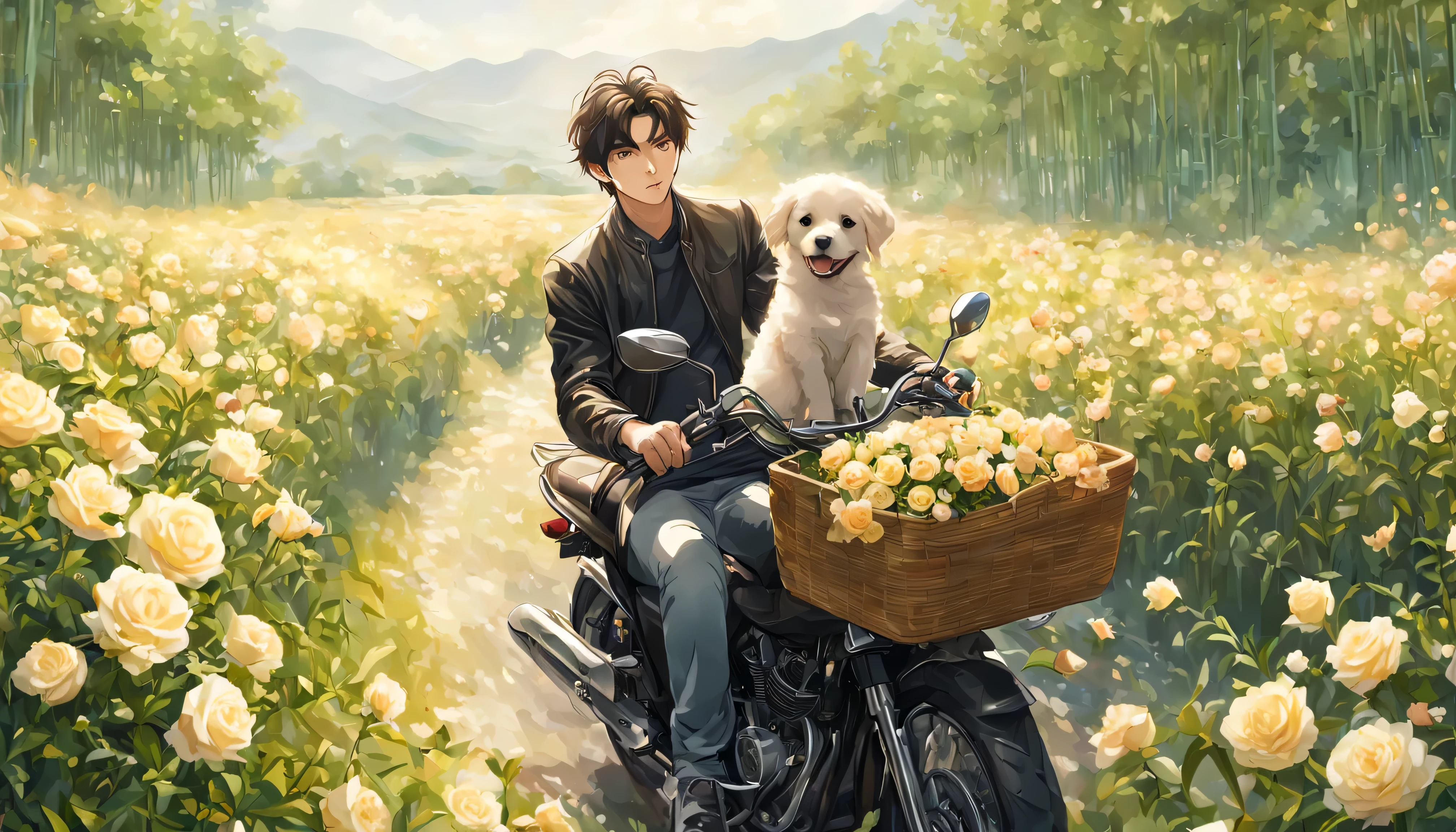 Sea of flowers/Sea of flowers/Sea of flowers.The wind blows through the rose field.spring field scenery.Closeup of beautiful girl riding motorcycle with cat.There are flowers and kittens in the bamboo basket in front of the car.背景是一大片彩色Sea of flowers.light tone.Light Gold、high resolution细节、Bright and fresh colors.(best quality,4k,8k,high resolution,masterpiece:1.2),super detailed,There are clear roses in the foreground.Wide-angle lens, ultra high definition, anatomically correct, Super details, best quality