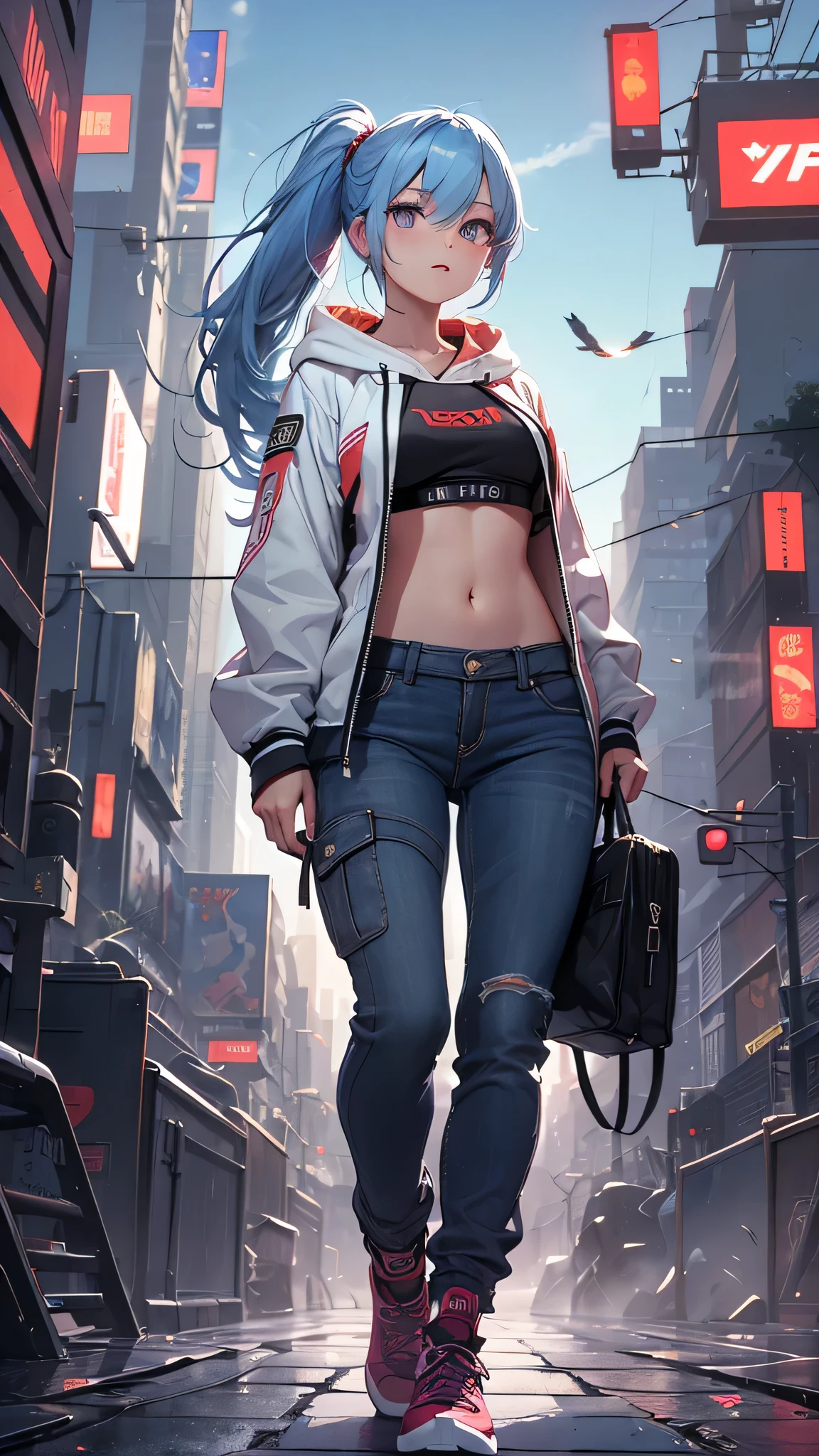 最high quality、best image quality、masterpiece、girl((20-year-old、 By becoming、vest bust、medium bust,wide open breast tea、shining eyes, light blue hair、long hair、thin,highest valley、ponytail、action of looking up、full body bandage、purple and black hoodie、berry shorts)),high quality、beautiful art、background((cyberpunk city))、Flight、debris flies、Depth of written boundary、movie、visual art、perfect art、8k,genuine、