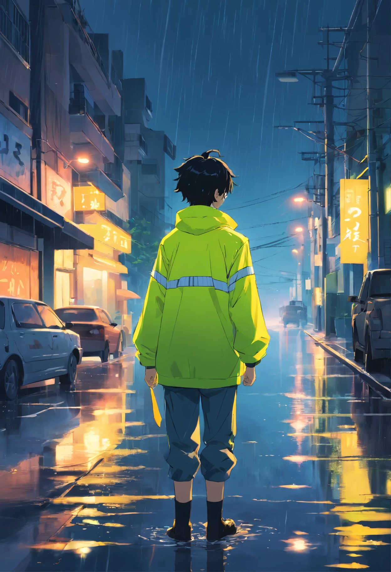 1 boy, man, black hair, On the highway, Wearing fluorescent yellow reflective clothing, dark night, Rescue and rescue, It rains heavily, back view, Standing in a flooded street