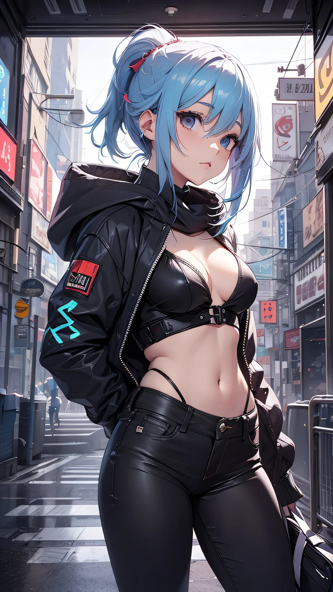 最high quality、best image quality、masterpiece、girl((20-year-old、 By becoming、vest bust、medium bust,wide open breast tea、shining eyes, light blue hair、long hair、thin,highest valley、ponytail、action of looking up、full body bandage、purple and black hoodie、berry shorts)),high quality、beautiful art、background((cyberpunk city))、Flight、debris flies、Depth of written boundary、movie、visual art、perfect art、8k,genuine、