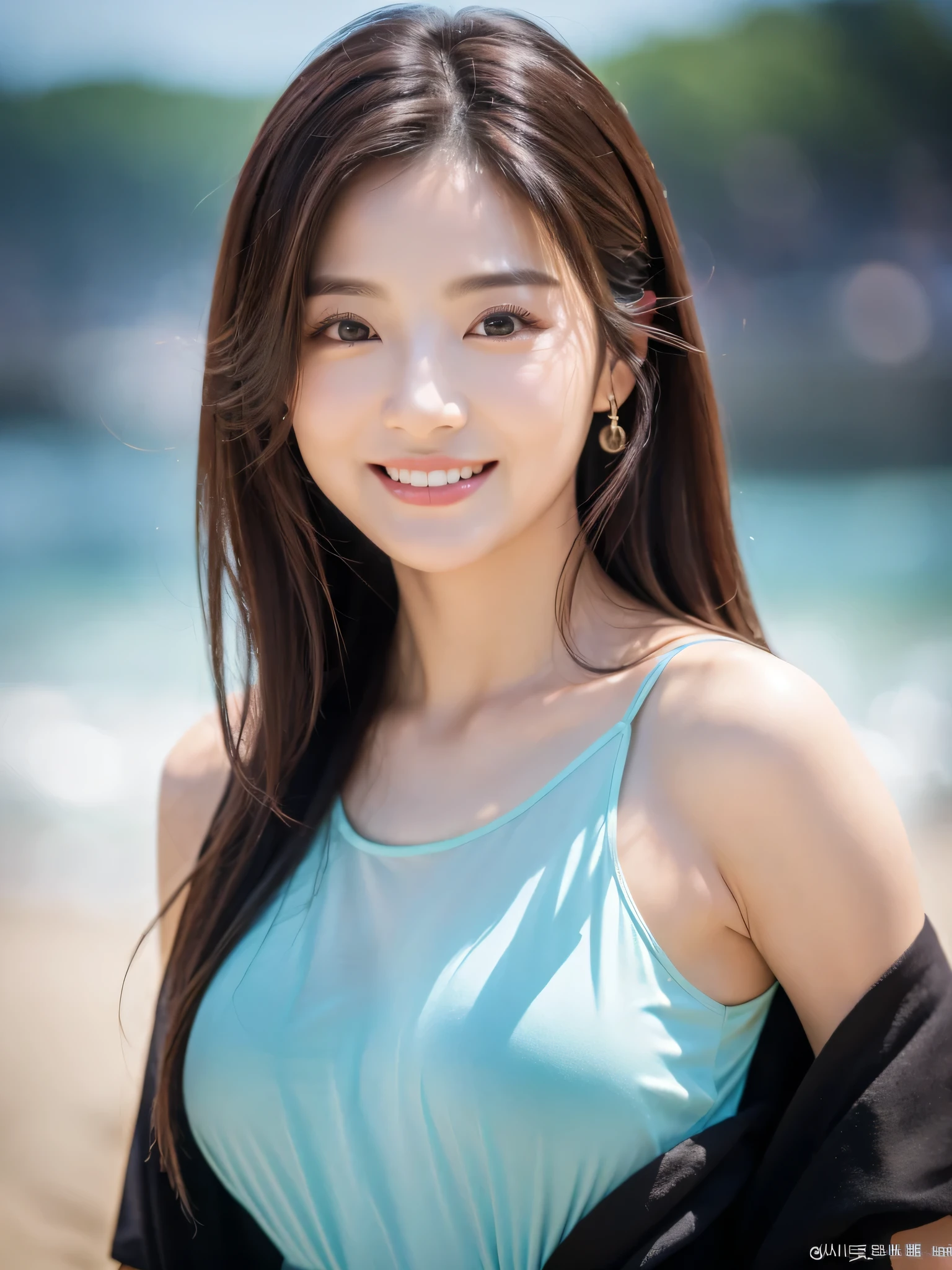 1 attractive mature woman、((highest quality、8K masterpiece:1.3))、sharp focus:1.2、(super beautiful face:1.0)、(shiny skin:1.0)、realistic pictures、black haired、video writing、High resolution eyes and face、video writing、(cute korean actress)、from the front、beautiful breasts、smile、The beauty of slender abs、whole body、Wearing a see-through T-shirt、on the beach at night