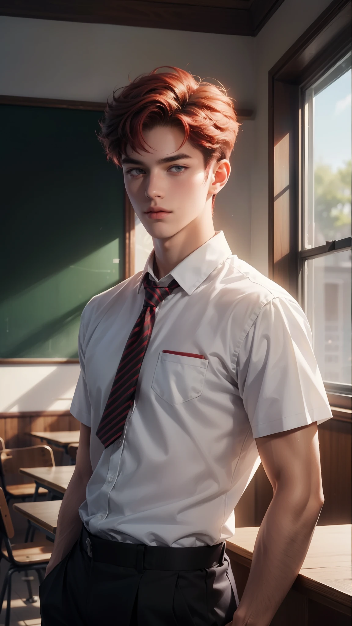((Best quality)), ((masterpiece)), (detailed), ((perfect face)), ((halfbody)) perfect proportions ,He is a handsome student, 18 years old, short hair, red hair, topless Student uniform, school uniform, there is a background of a detailed school room with colorful vibe ((perfect face)) detailed scenery