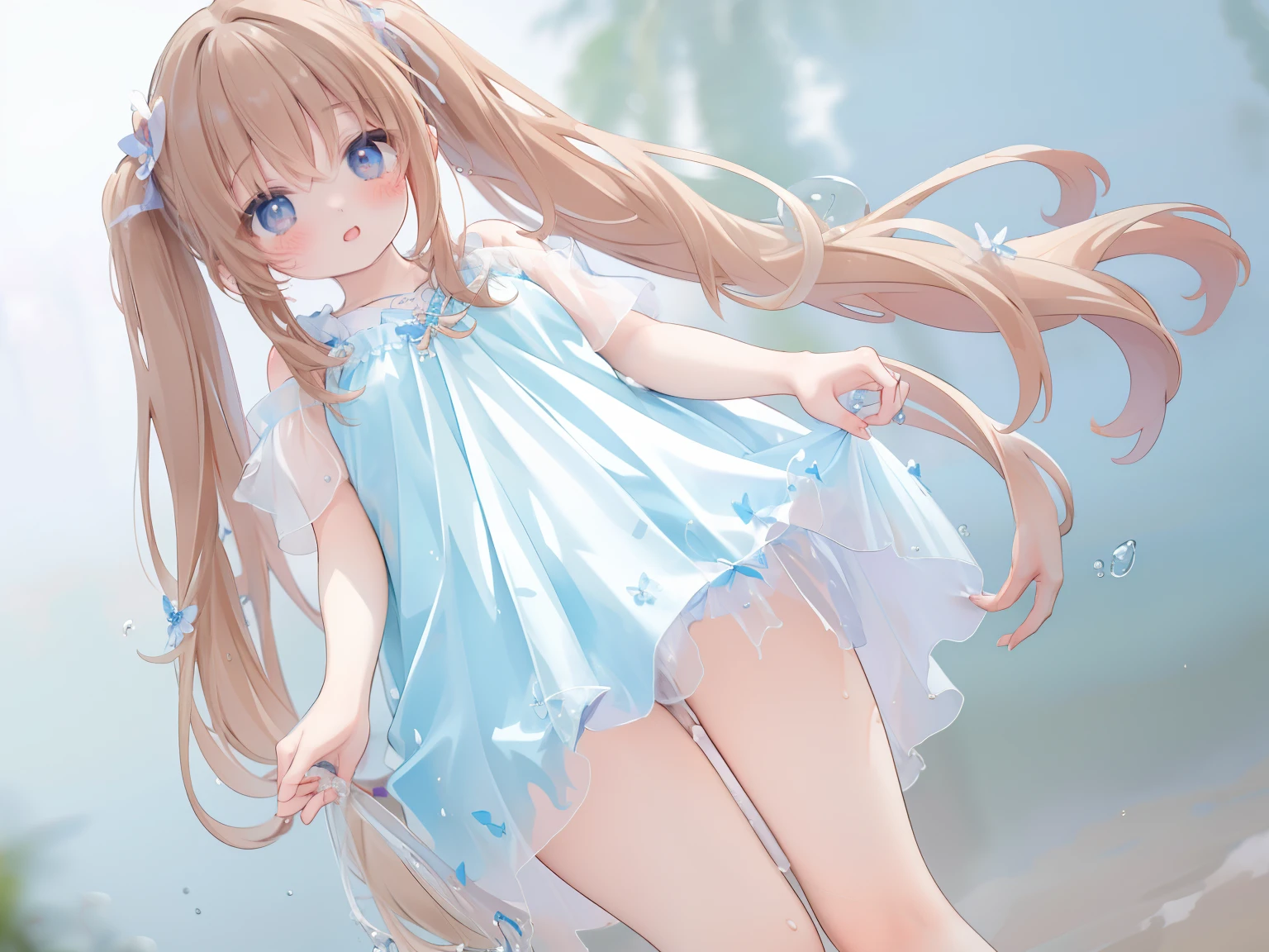 (masterpiece, highest quality, ultra high resolution)
alone,blush,
above the thighs,A girl with beautiful and detailed eyes,twin tails, brown hair permanent,
null,water blur background,