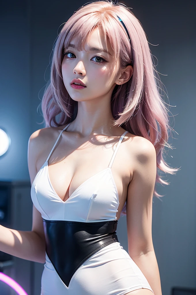 (8K, Raw foto, Best Quality, mastery:1.2), (realisitic, Realistis:1.37),(kpop-idol), (aegyo sal:1),Cute,Professional Lighting, photons mapping, radiosity, physics based rendering ,Blackpink Lisa , bob cuts, mechanical parts, Grey eyes, short soft pink hair, wearing white Tight Suit with purple blue gradient essence, white pants, natta, neon lit, Sexy, smoke, looking up at viewer,, 8K High Resolution, 8K, CG wallpapers, realistic, clear background, medium Tits
