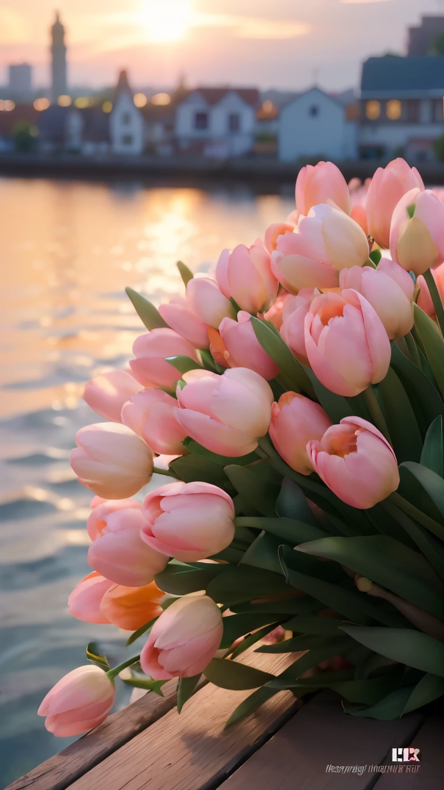there is a bouquet of pink tulip sitting on a ledge, Beautiful flowerss, light pink shade, pink flowers, tulip, pink golden hour, peachy shades, soft pink, Pink soft light 4K, beautiful big flower, Beautiful and beautiful, nice images, beautiful soft lighting, elegant flowers, Beautiful flowers, pink orange flowers, spring evening