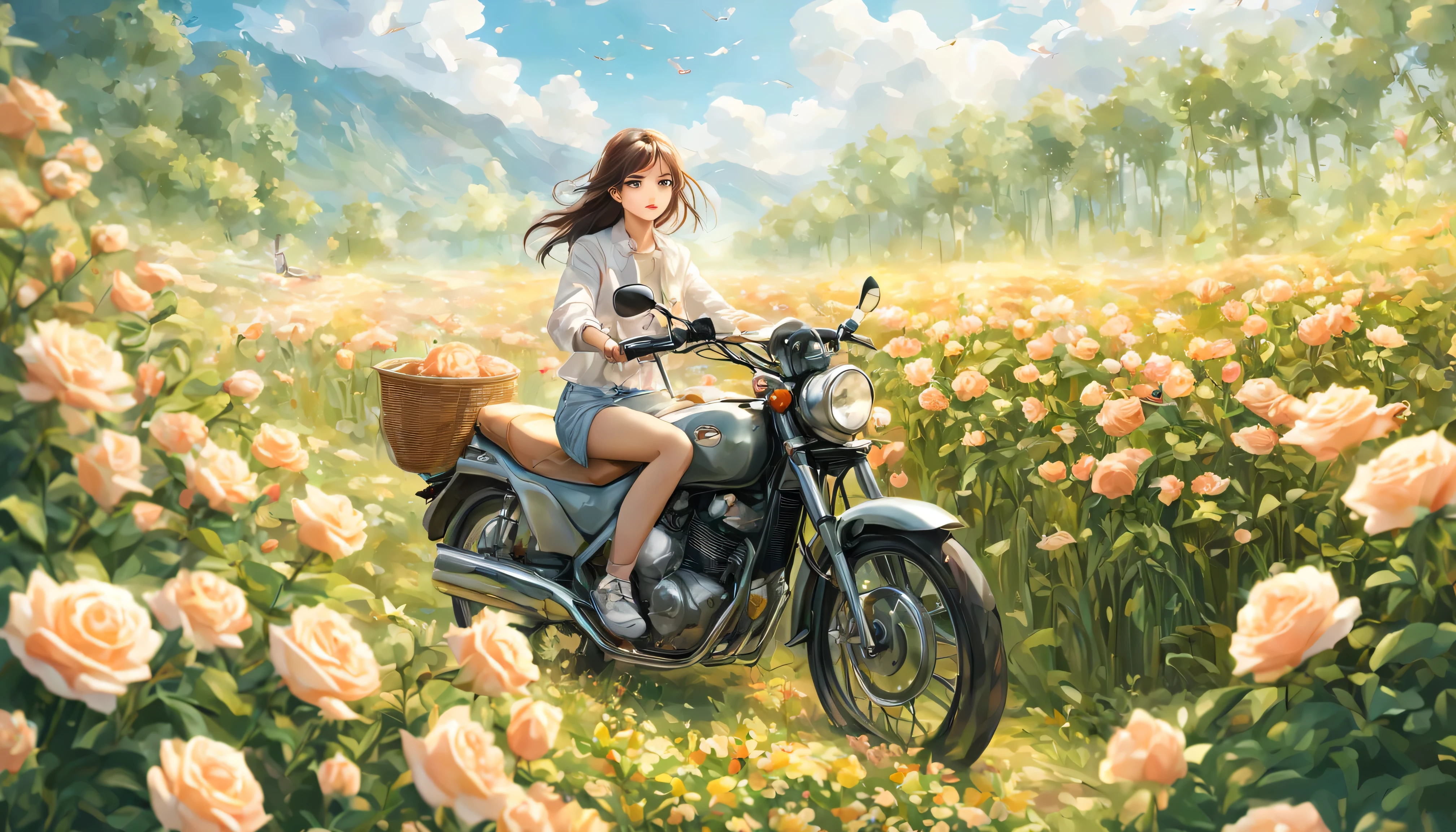 Sea of flowers/Sea of flowers/Sea of flowers.The wind blows through the rose field.spring field scenery.Closeup of beautiful girl riding motorcycle with cat.There are flowers and kittens in the bamboo basket in front of the car.背景是一大片彩色Sea of flowers.light tone.Light Gold、high resolution细节、Bright and fresh colors.(best quality,4k,8k,high resolution,masterpiece:1.2),super detailed,There are clear roses in the foreground.Wide-angle lens, ultra high definition, anatomically correct, Super details, best quality