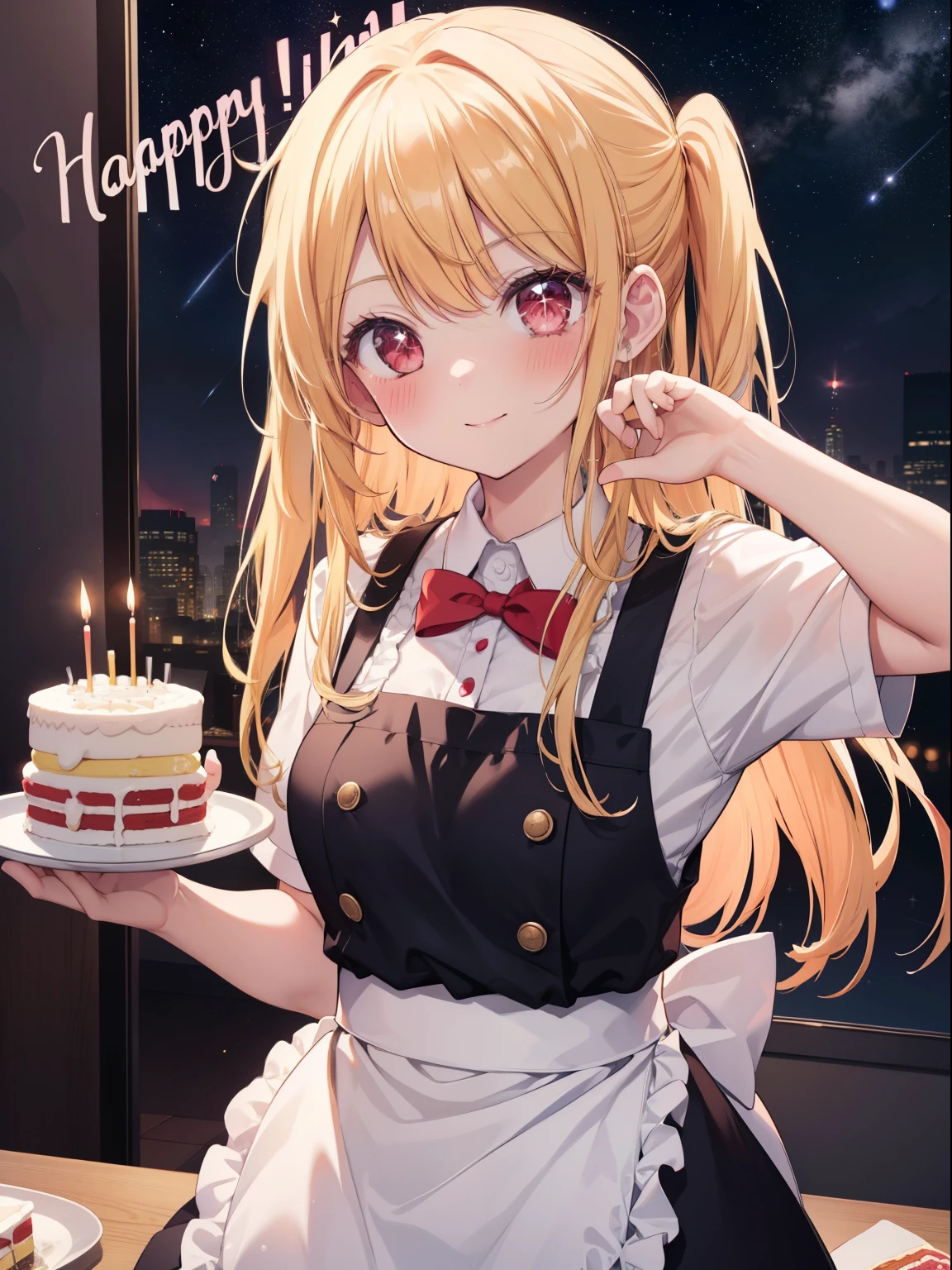 Ruby Hoshino、Good looking girl (long blonde hair with square bangs, big red eyes, stars in my eyes,blush, perfect face), independent , looking at camera, masterpiece, anime art style, cute characters, most detailed, high quality、Nico Nico Smile、birthday cake、happy birthday、Wearing an apron at home