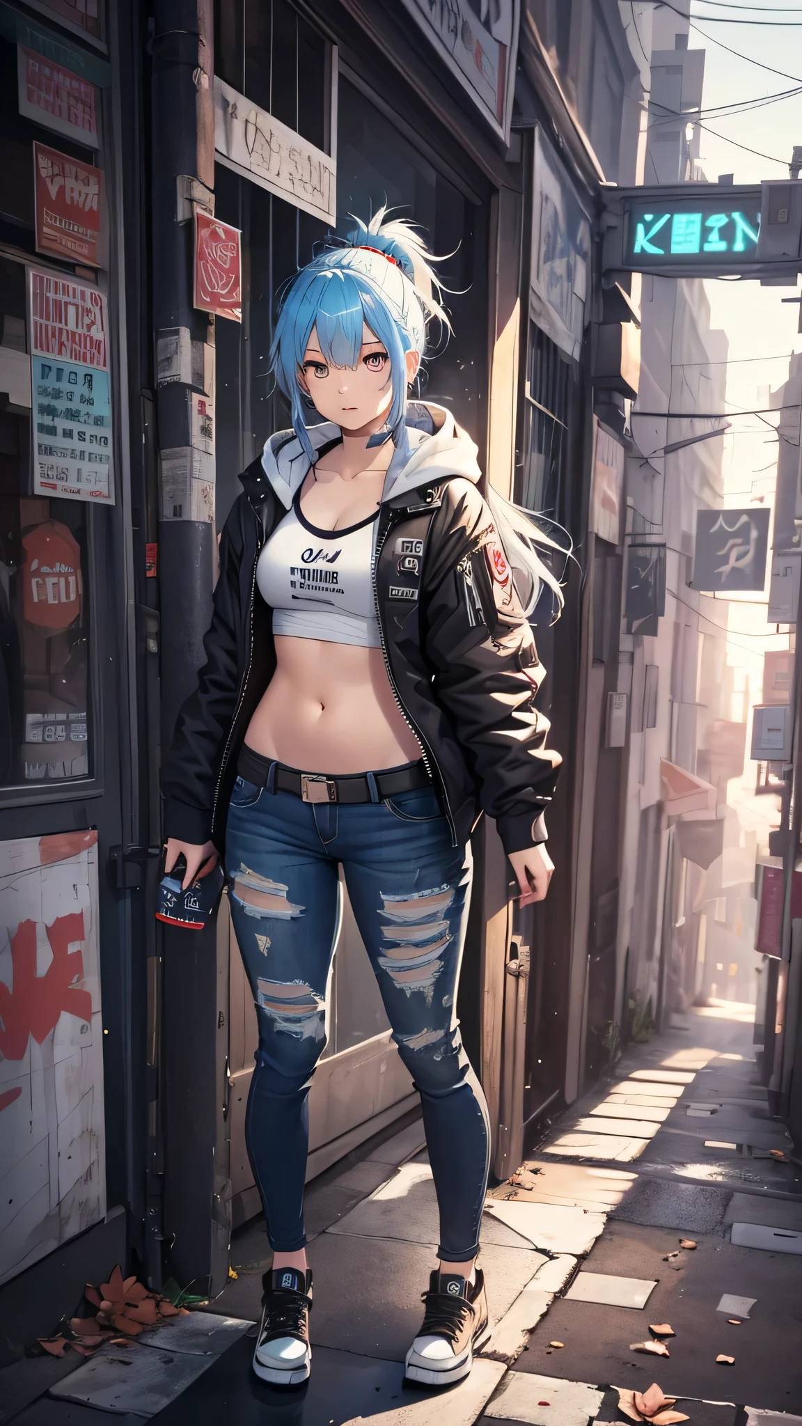 最high quality、best image quality、masterpiece、girl((20-year-old、 By becoming、vest bust、medium bust,wide open breast tea、shining eyes, light blue hair、long hair、thin,highest valley、ponytail、action of looking up、full body bandage、purple and black hoodie、berry shorts)),high quality、beautiful art、background((cyberpunk city))、Flight、debris flies、Depth of written boundary、movie、visual art、perfect art、8k,genuine、