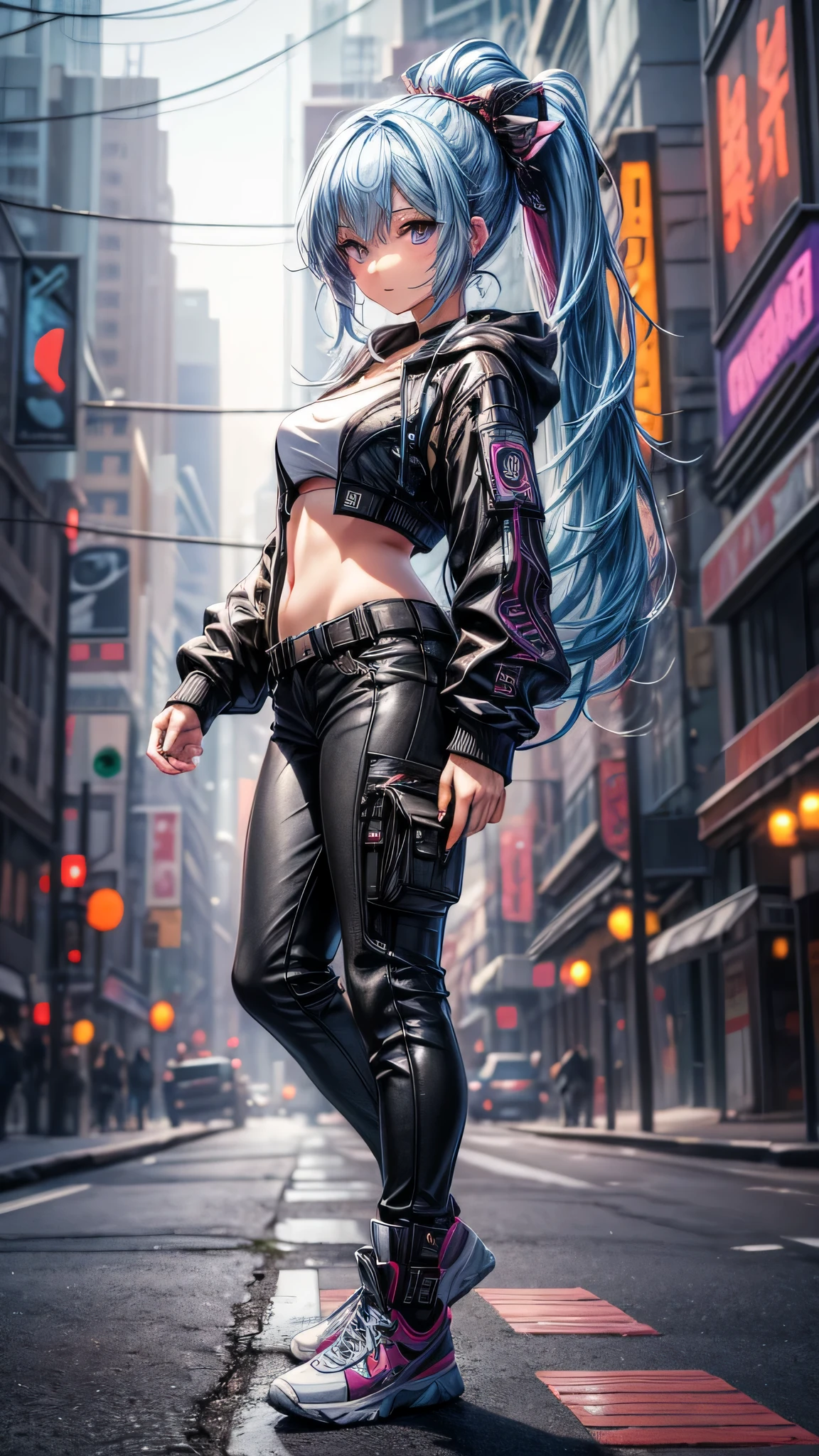 最high quality、best image quality、masterpiece、girl((20-year-old、 By becoming、vest bust、medium bust,wide open breast tea、shining eyes, light blue hair、long hair、thin,highest valley、ponytail、action of looking up、full body bandage、purple and black hoodie、berry shorts)),high quality、beautiful art、background((cyberpunk city))、Flight、debris flies、Depth of written boundary、movie、visual art、perfect art、8k,genuine、