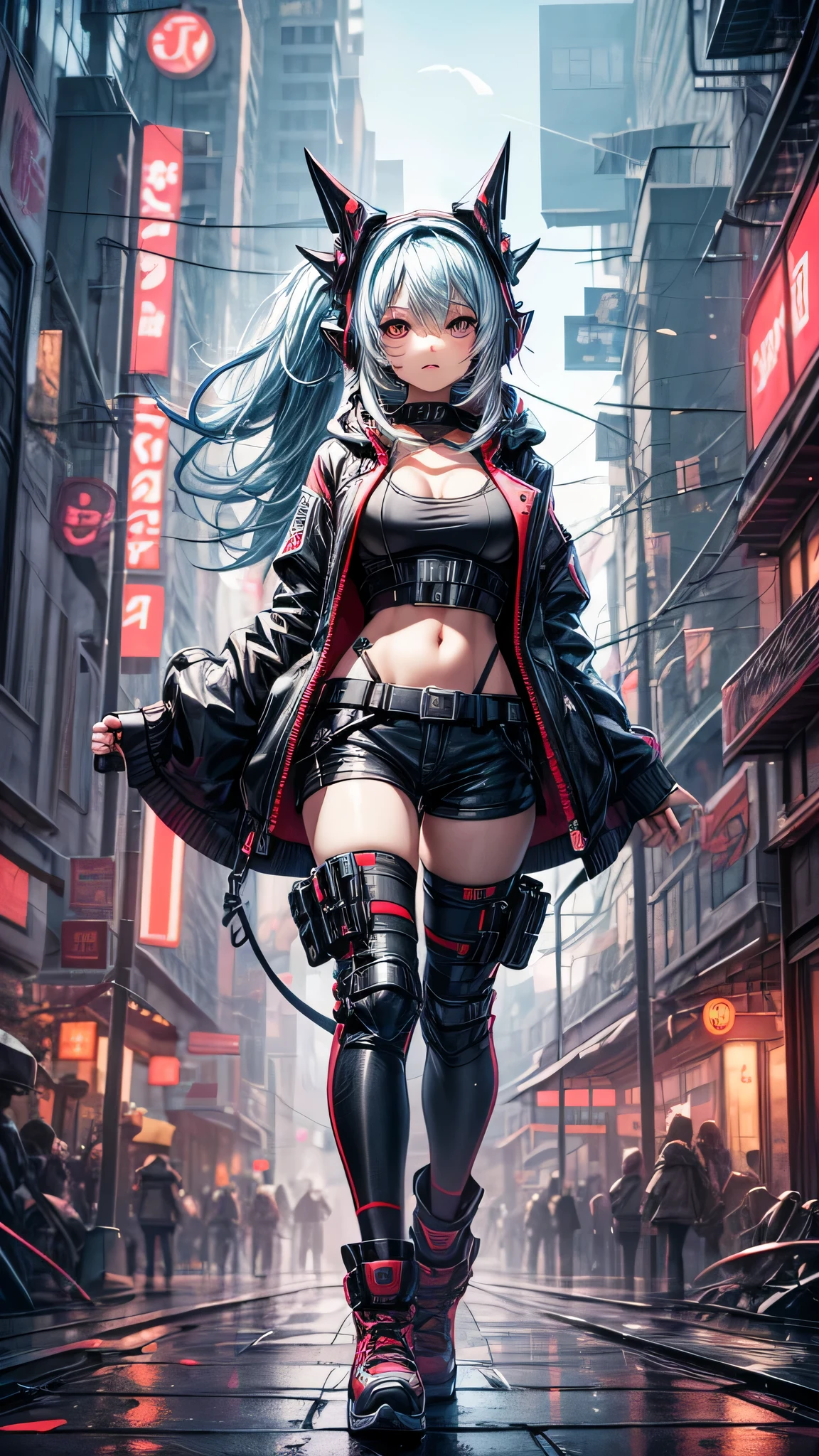最high quality、best image quality、masterpiece、girl((20-year-old、 By becoming、vest bust、medium bust,wide open breast tea、shining eyes, light blue hair、long hair、thin,highest valley、ponytail、action of looking up、full body bandage、purple and black hoodie、berry shorts)),high quality、beautiful art、background((cyberpunk city))、Flight、debris flies、Depth of written boundary、movie、visual art、perfect art、8k,genuine、