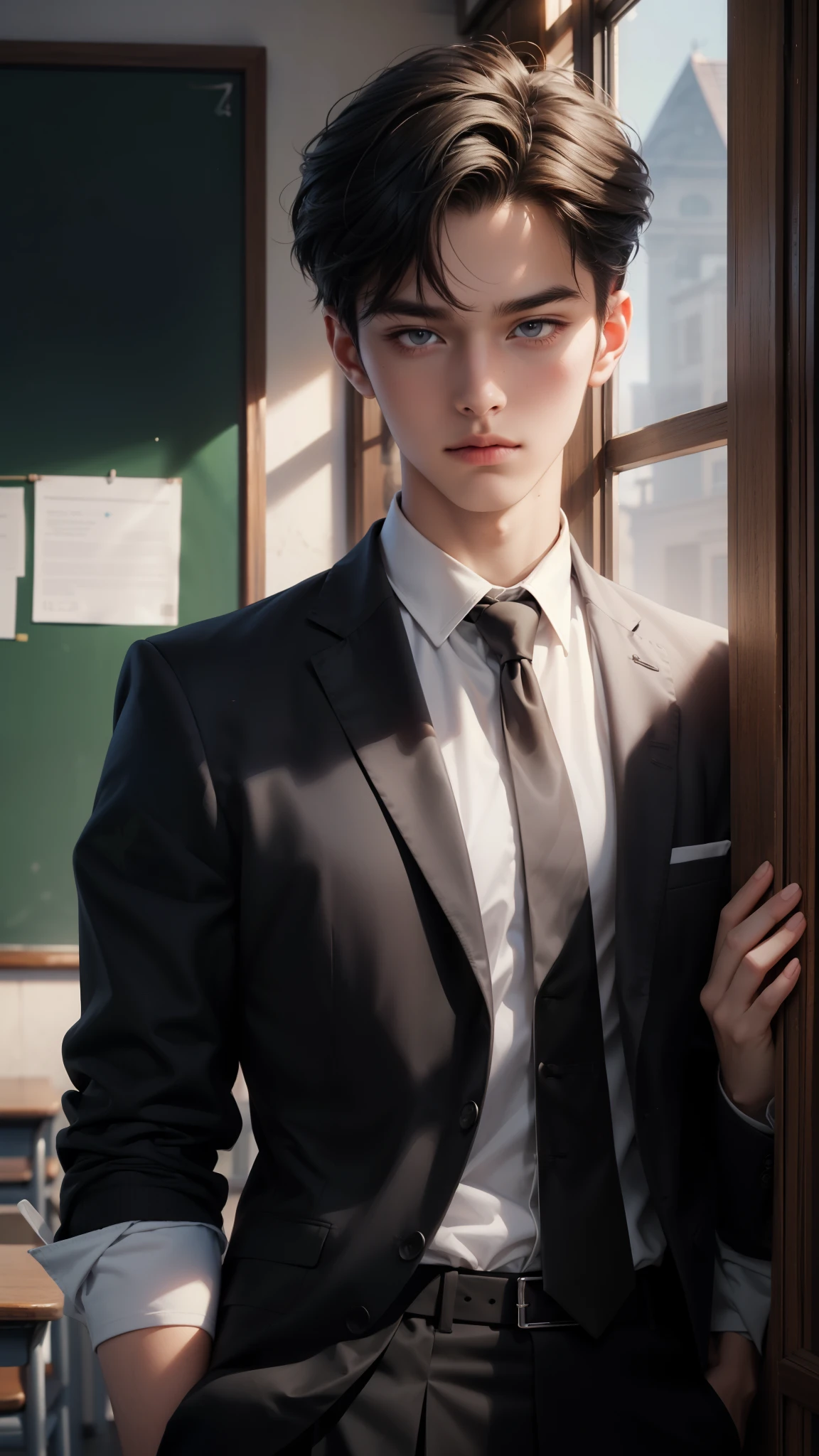 ((Best quality)), ((masterpiece)), (detailed), ((perfect face)), ((halfbody)) perfect proportions ,He is a handsome student, 18 years old, short hair, obsidian hair, topless Student uniform, school uniform, there is a background of a detailed school room with colorful vibe ((perfect face)) detailed scenery 