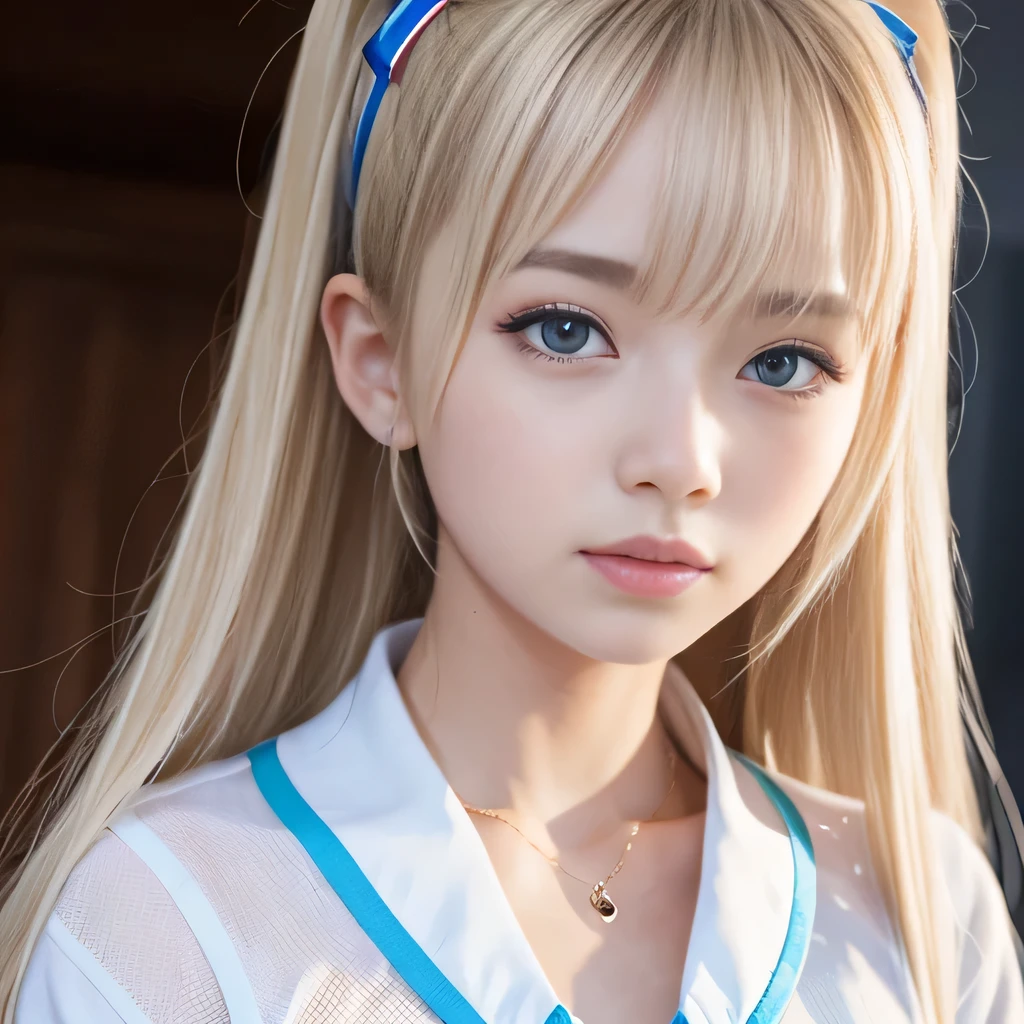 portrait、school uniform、bright look、twin tails、young shiny glossy white shiny skin、best looks、blonde reflection、Platinum blonde hair with dazzling highlights、shiny bright hair,、super long straight hair、Shining beautiful bangs、Sparkling crystal clear charming big blue eyes、Very beautiful and adorable 12 year old girl、rich bust、White and beautiful blouse、I can see the collarbone、((I could see the whole body))、beautiful face、The chest area of the clothes looks tight、Loosening perm、No bra、