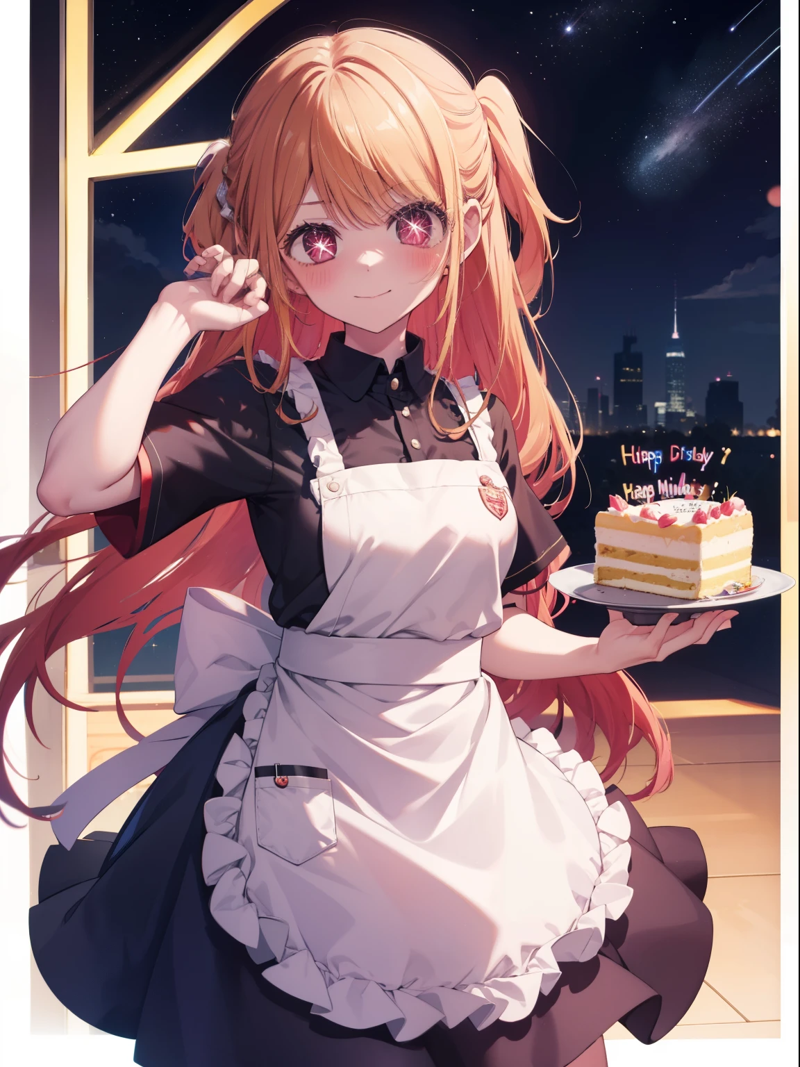 Ruby Hoshino、Good looking girl (long blonde hair with square bangs, big red eyes, stars in my eyes,blush, perfect face), independent , looking at camera, masterpiece, anime art style, cute characters, most detailed, high quality、Nico Nico Smile、birthday cake、happy birthday、Wearing an apron at home