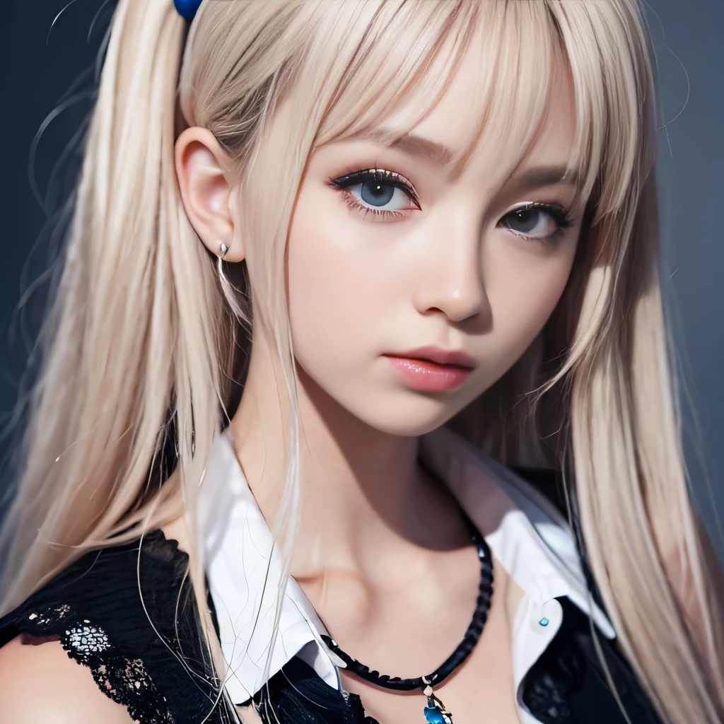 portrait、school uniform、bright look、twin tails、young shiny glossy white shiny skin、best looks、blonde reflection、Platinum blonde hair with dazzling highlights、shiny bright hair,、super long straight hair、Shining beautiful bangs、Sparkling crystal clear charming big blue eyes、Very beautiful and adorable 12 year old girl、rich bust、White and beautiful blouse、I can see the collarbone、((I could see the whole body))、beautiful face、The chest area of the clothes looks tight、Loosening perm、No bra、