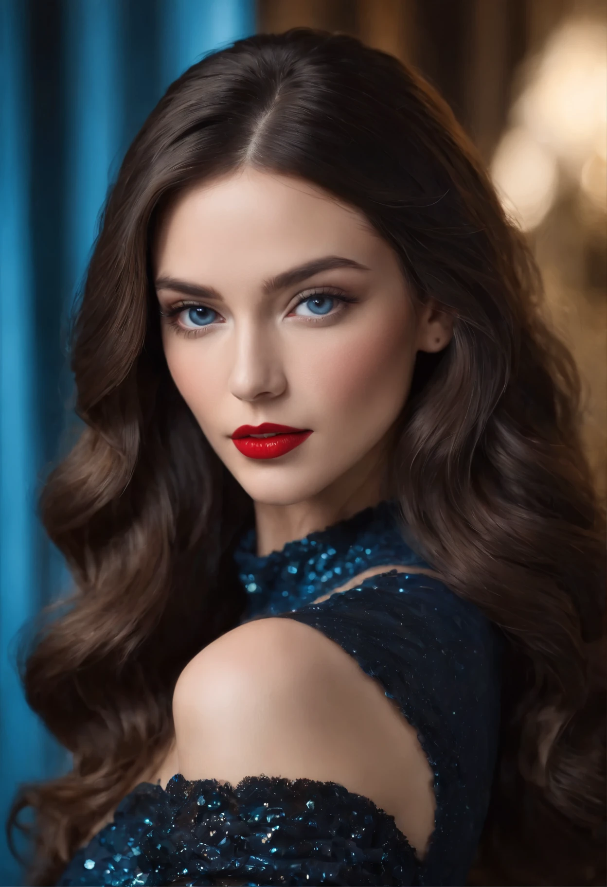 glamorous photo of Photorealism black long wavy shiny hair, blue eyes, red lips, full breasts, thin waist, long shapely legss golden color mini dress in turtleneck dress, walking through a funfare at night, Photorealism, often for highly detailed representation, photographic accuracy, or visual illusion., high fashion, luxurious, extravagant, stylish, sensual, opulent, elegance, stunning beauty, professional, high contrast, detailed