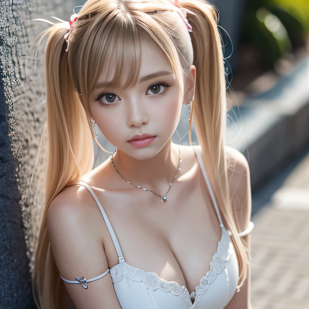 portrait、Topless、bright look、twin tails、young shiny glossy white shiny skin、best looks、blonde reflection、Platinum blonde hair with dazzling highlights、shiny bright hair,、super long straight hair、Shining beautiful bangs、Sparkling crystal clear charming big blue eyes、Very beautiful and adorable girl、rich bust、White and beautiful blouse、I can see the collarbone、((I could see the whole body))、beautiful face、The chest of the clothes is open、Loosening perm、No bra、