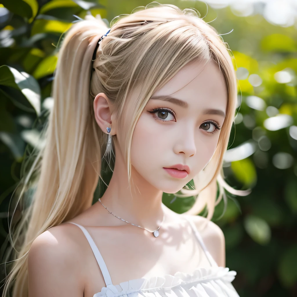 portrait、Topless、bright look、twin tails、young shiny glossy white shiny skin、best looks、blonde reflection、Platinum blonde hair with dazzling highlights、shiny bright hair,、super long straight hair、Shining beautiful bangs、Sparkling crystal clear charming big blue eyes、Very beautiful and adorable girl、rich bust、White and beautiful blouse、I can see the collarbone、((I could see the whole body))、beautiful face、The chest of the clothes is open、Loosening perm、No bra、
