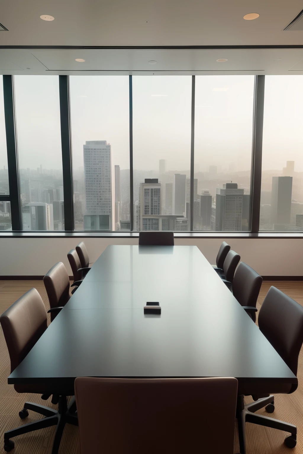 An exquisitely designed modern office in Chinese style, bathed in warm tones and ample natural light, features a spacious meeting room accommodating twelve individuals. Through the expansive windows, a breathtaking city view unfolds, adding to the invigorating work environment. (masterpiece), (ultra high definition), (extremely intricate), (meticulously detailed), (realistic:1.4)