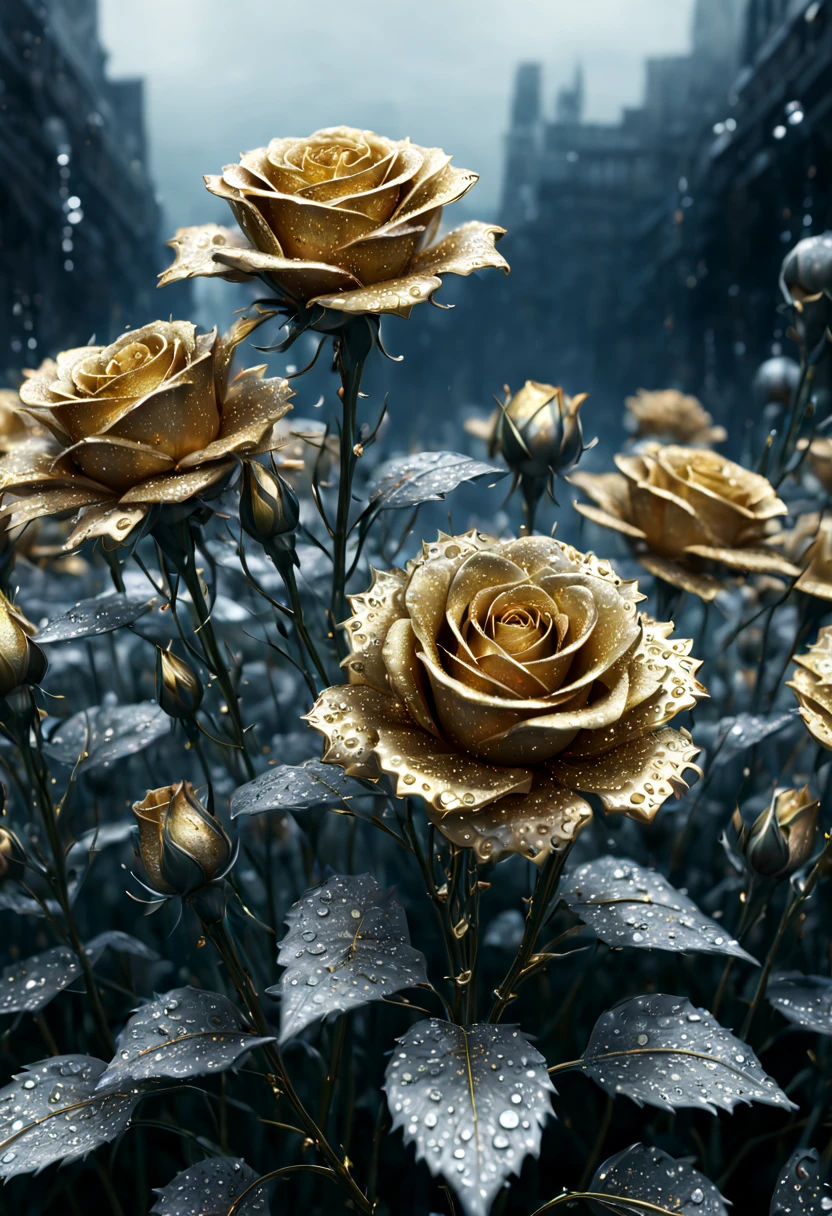 sea of flowers, aesthetic, gold and silver rose flowers with dew drops, hyperdetailed intricate delicate Victorian gold lace eldritch bejeweled carnation covered in, intricate mech details, ground level shot, 8K resolution, Cinema 4D, Behance HD, polished metal, Unreal Engine 5, rendered in Blender, sci-fi, futuristic, trending on Artstation, epic, cinematic background, dramatic, atmospheric