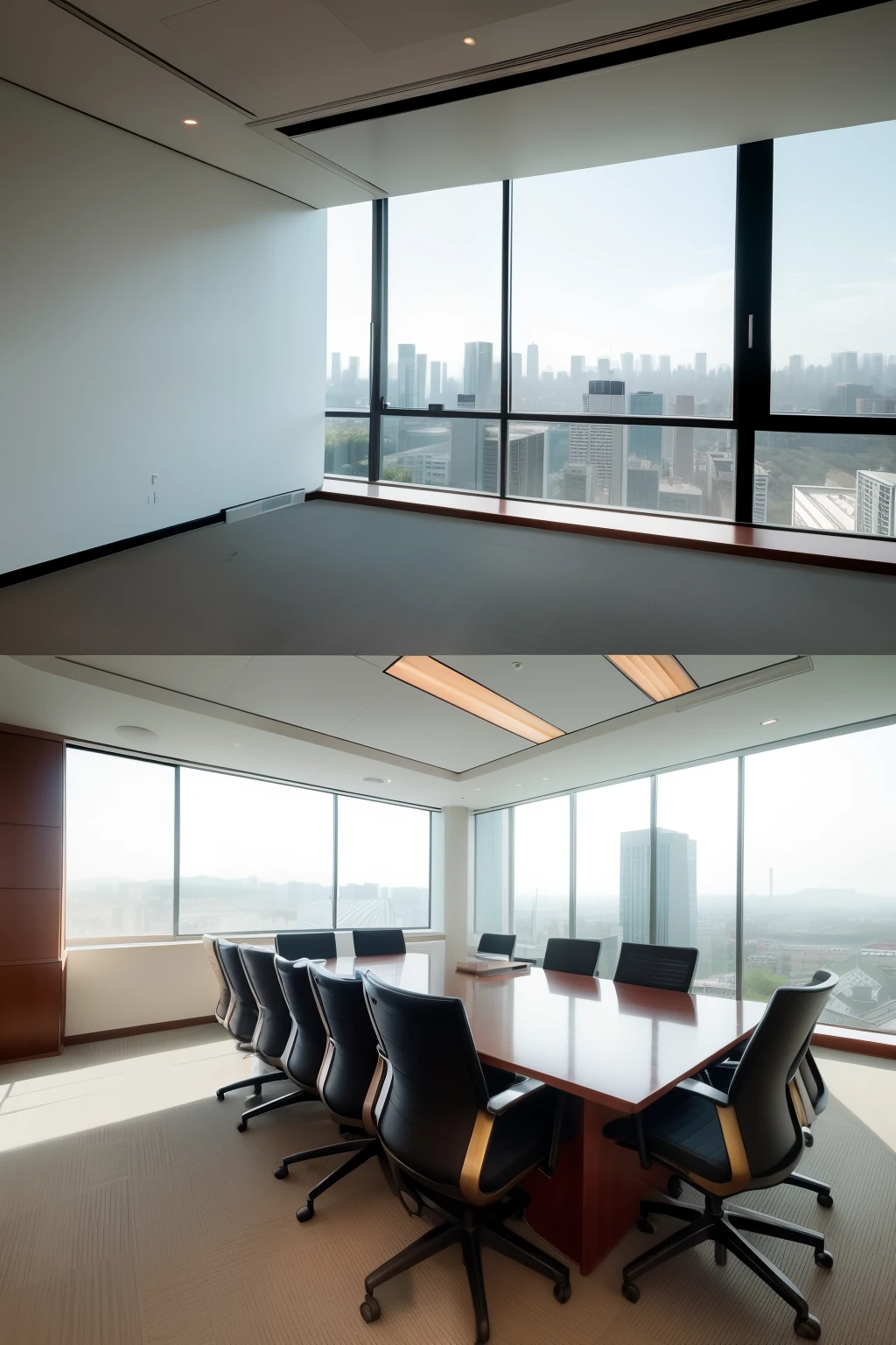 An exquisitely designed modern office in Chinese style, bathed in warm tones and ample natural light, features a spacious meeting room accommodating twelve individuals. Through the expansive windows, a breathtaking city view unfolds, adding to the invigorating work environment. (masterpiece), (ultra high definition), (extremely intricate), (meticulously detailed), (realistic:1.4)