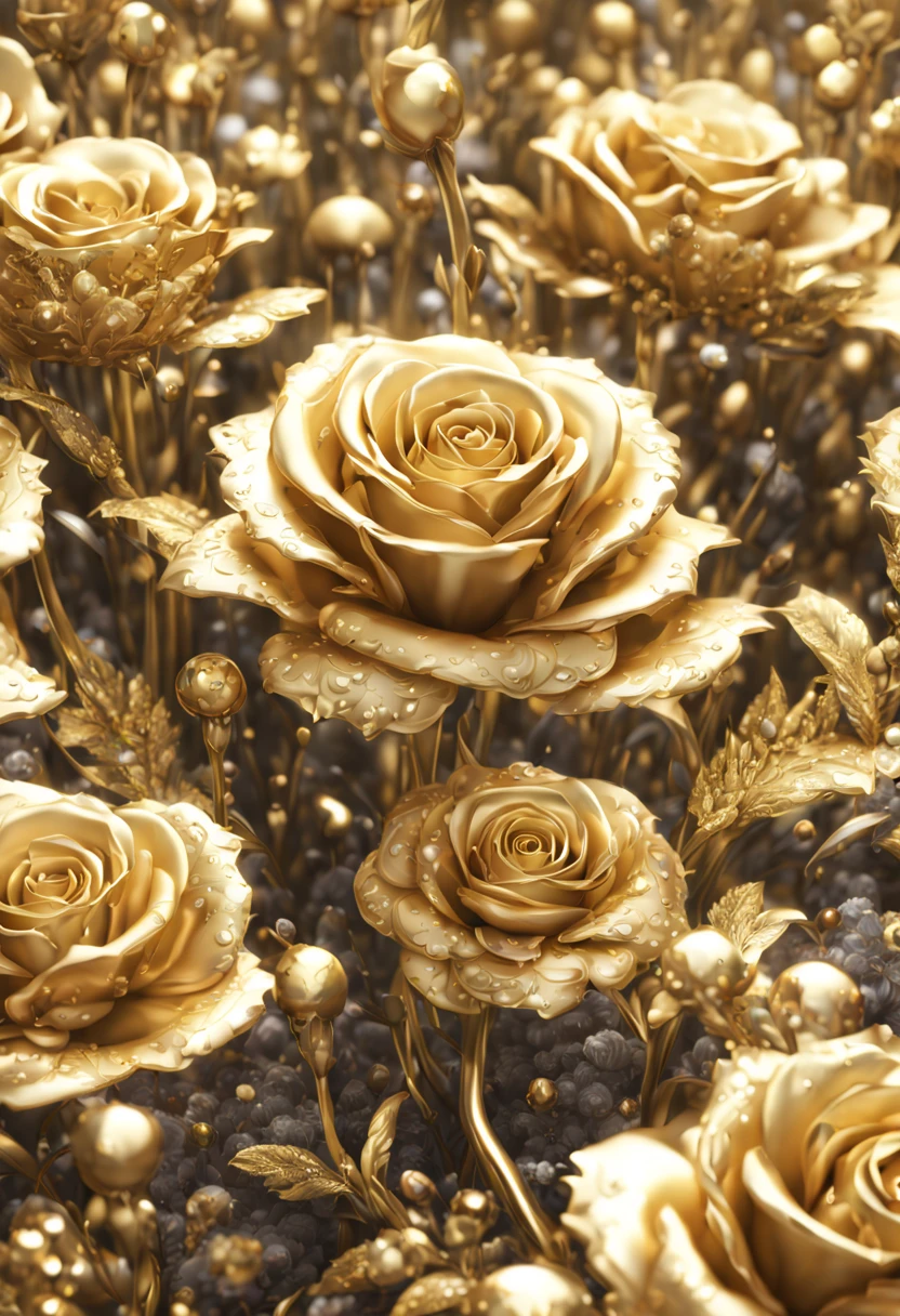 sea of flowers, aesthetic, gold and silver rose flowers with dew drops, hyperdetailed intricate delicate Victorian gold lace eldritch bejeweled carnation covered in, intricate mech details, ground level shot, 8K resolution, Cinema 4D, Behance HD, polished metal, Unreal Engine 5, rendered in Blender, sci-fi, futuristic, trending on Artstation, epic, cinematic background, dramatic, atmospheric