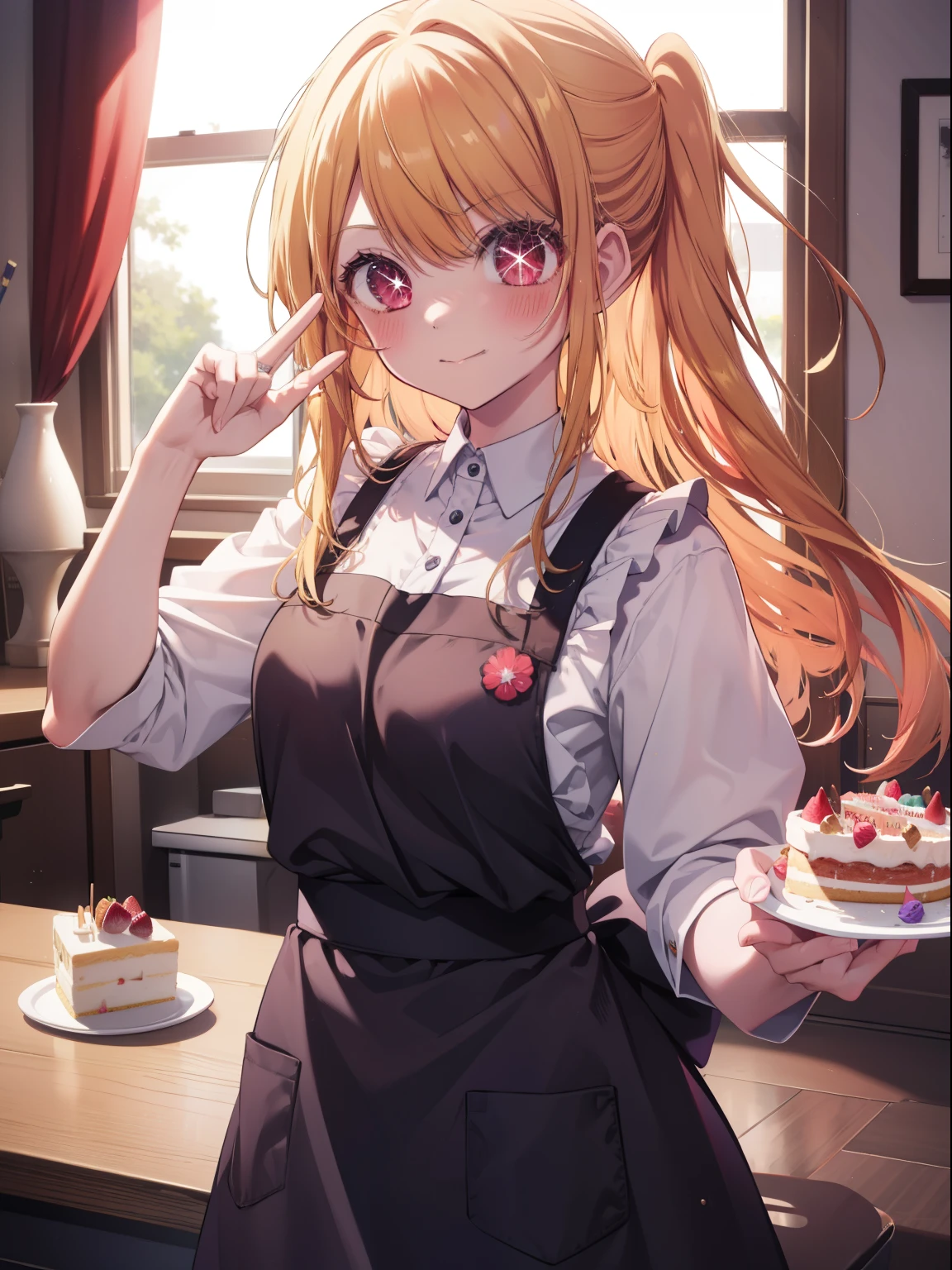 Ruby Hoshino、Good looking girl (long blonde hair with square bangs, big red eyes, a star in one eye,blush, perfect face), independent , looking at camera, masterpiece, anime art style, cute characters, most detailed, high quality、Nico Nico Smile、birthday cake、happy birthday、Wearing an apron at home