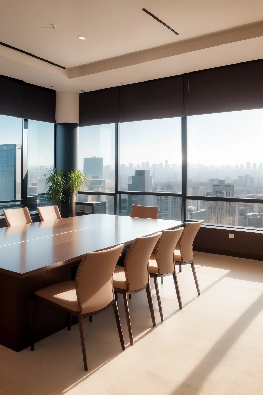 An exquisitely designed modern office in Chinese style, bathed in warm tones and ample natural light, features a spacious meeting room accommodating twelve individuals. Through the expansive windows, a breathtaking city view unfolds, adding to the invigorating work environment. (masterpiece), (ultra high definition), (extremely intricate), (meticulously detailed), (realistic:1.4)