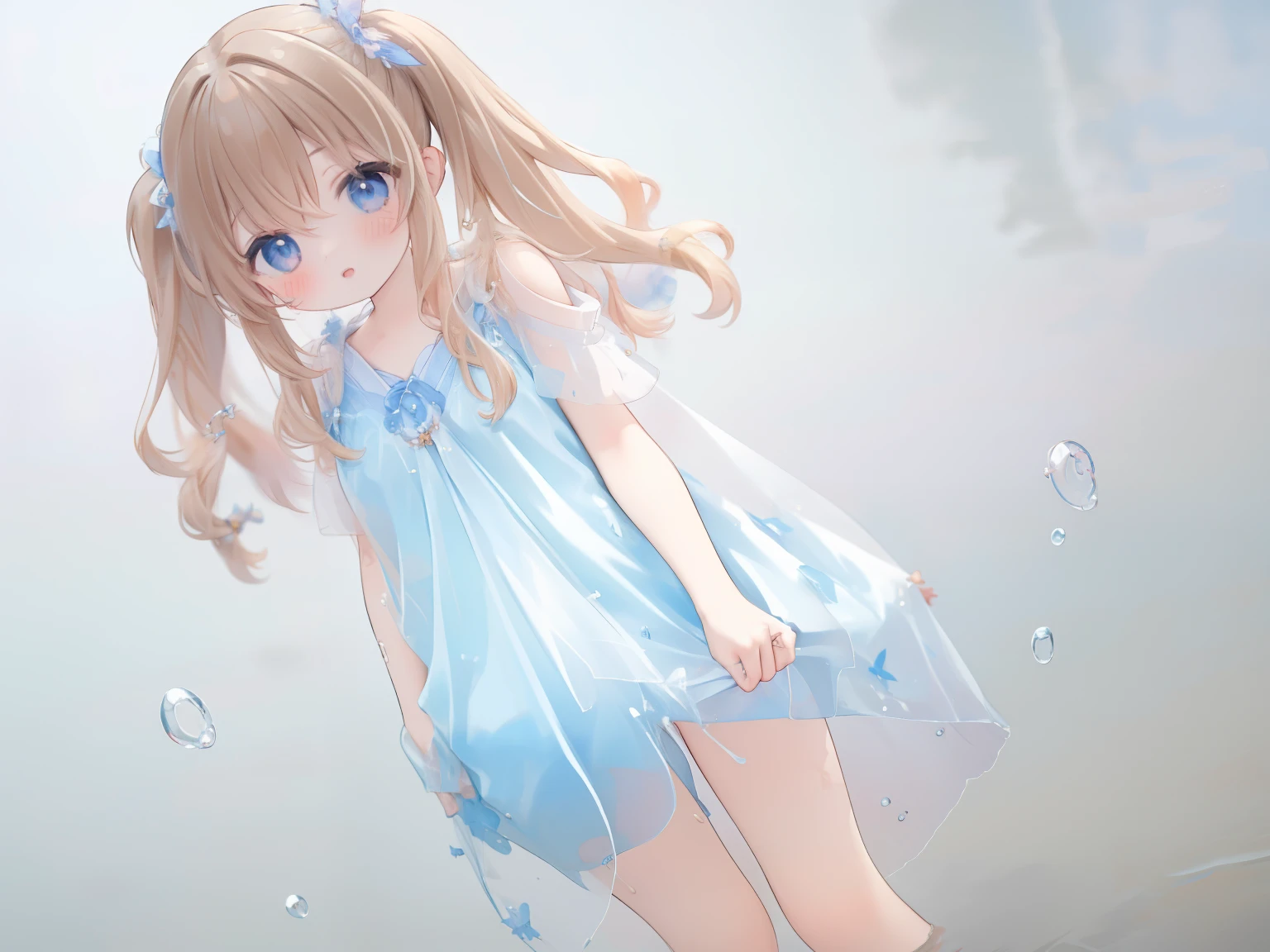 Anime girl in blue dress standing in water with bubbles - SeaArt AI